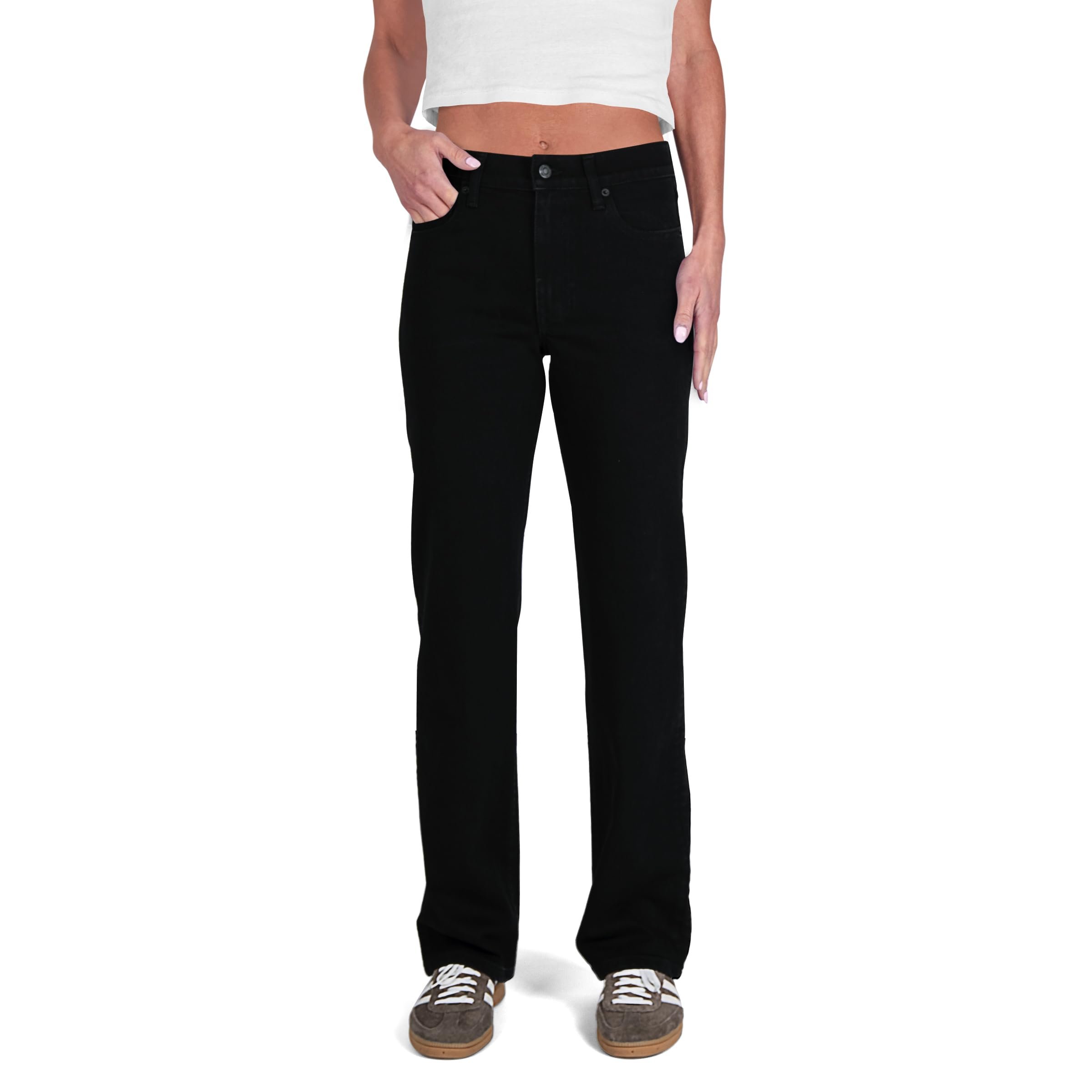 Beige oversized blazer draped over crop top — Cake The Label Women's Mid Rise Regular Straight Jeans Classic Pants