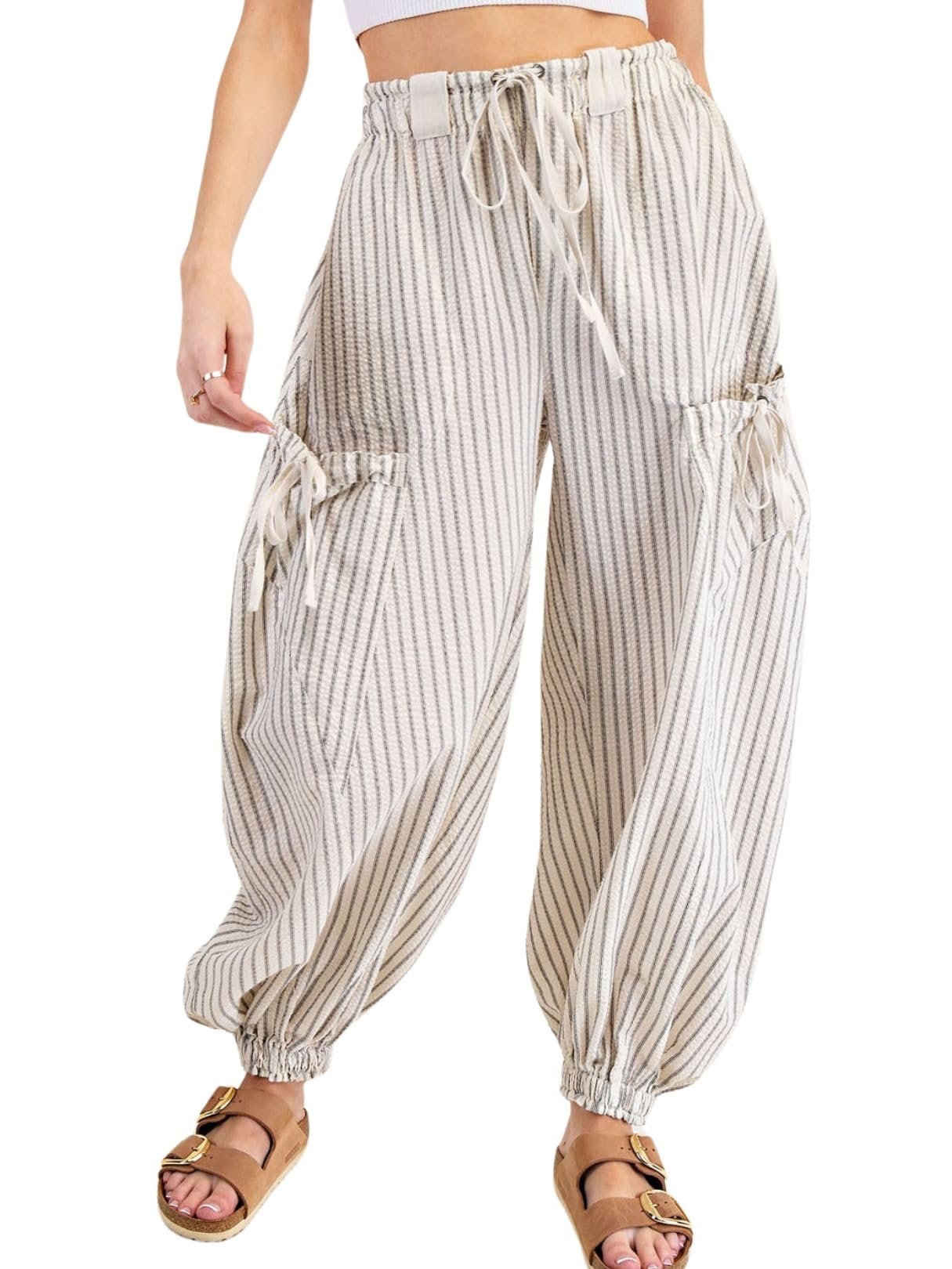 That pop of red at the collar made the outfit — Yinawsky Women Drawstring Striped Pants Loose Wide Leg Casual Lounge Pants with Pockets