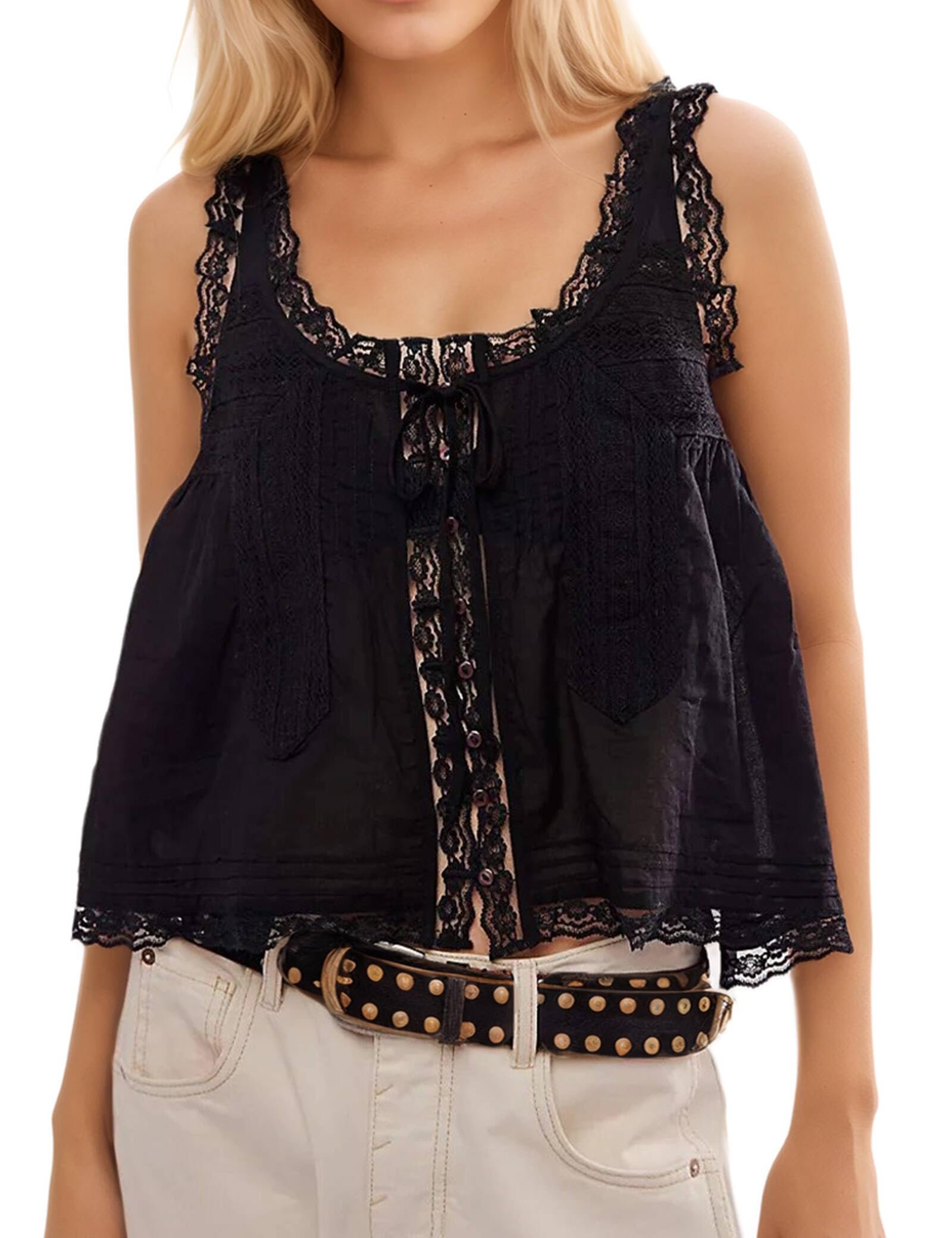 Styling Cropped Tank Top for a morning look — Winsasi Women Boho Lace Tank Top Sleeveless Button-Tie Front Crop Summer