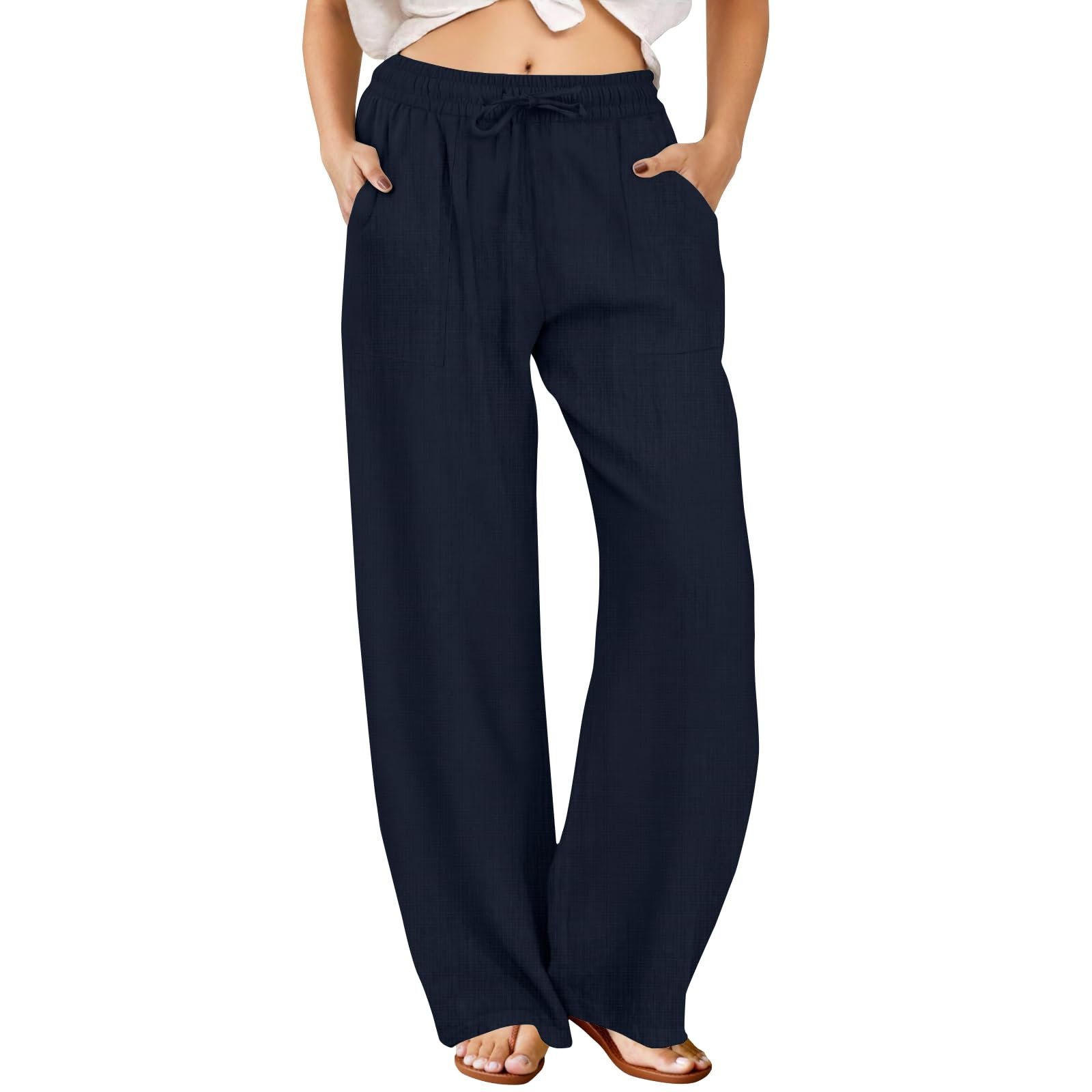 White tube top peeking under the suede bomber — FireSwan Linen Pants Women Drawstring Elastic Waist Wide Leg Palazzo Pants