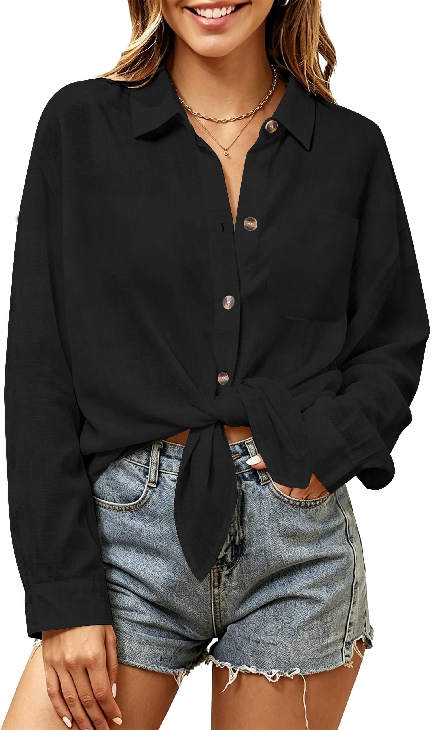 Front knot sitting right on the sage waistband — Dookttker Women's Cotton Linen Button Down Shirts Long Sleeve Blouses Tops