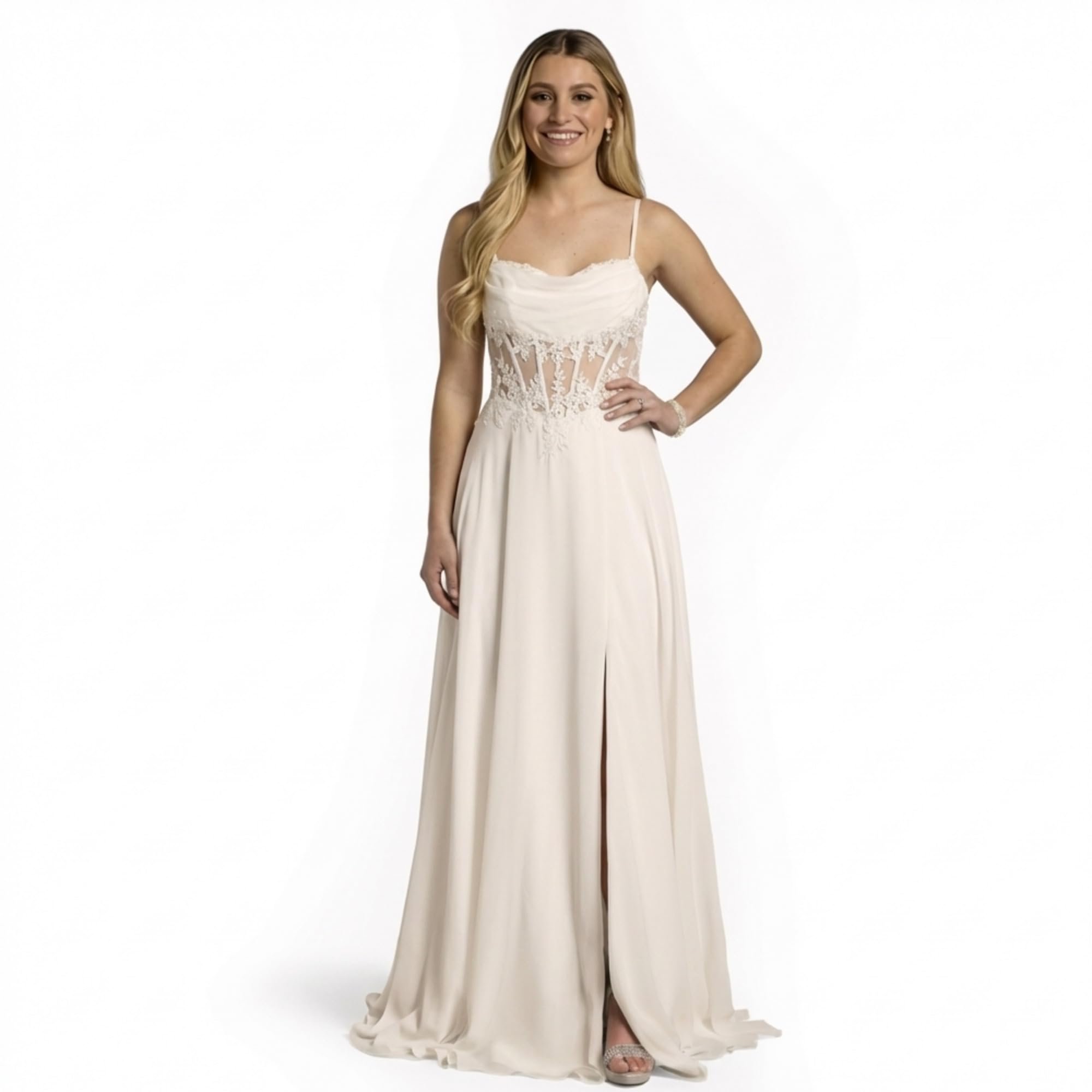 Partly cloudy, fully styled in Dress — David's Bridal Wedding Dress, Soft White Sleeveless Gown with Cowl Neckline
