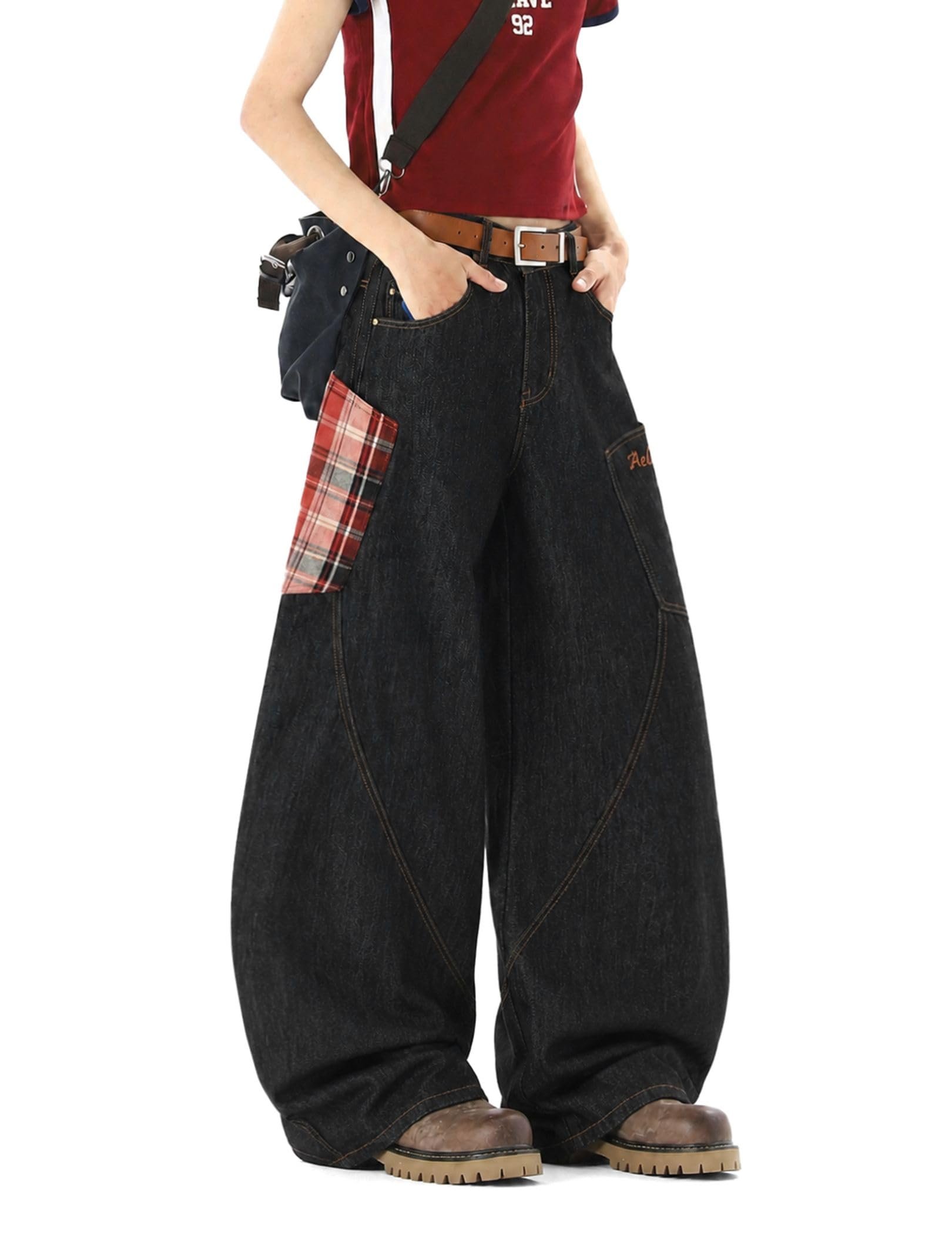 Pointelle eyelet on the taupe hooded knit — Aelfric Eden Baggy Barrel Jeans Plaid Big Pocket Wide Leg Denim Pants Unisex Casual Oversized Y2K Streetwear Hip Hop Jeans