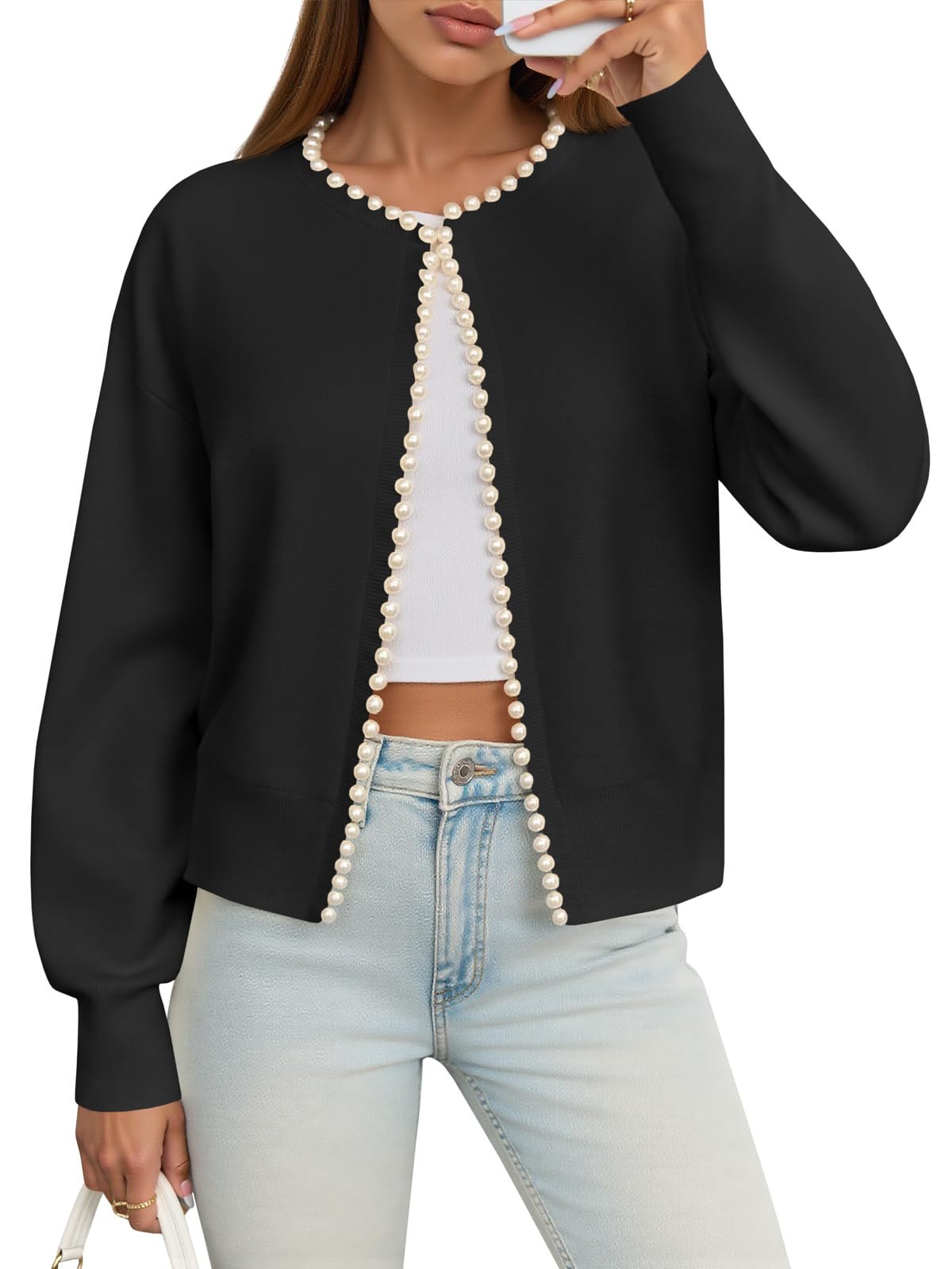 White crop peeking through the pearl edge — Saodimallsu Womens Dressy Pearl Cardigan Fall Open Front Sweater Jacket