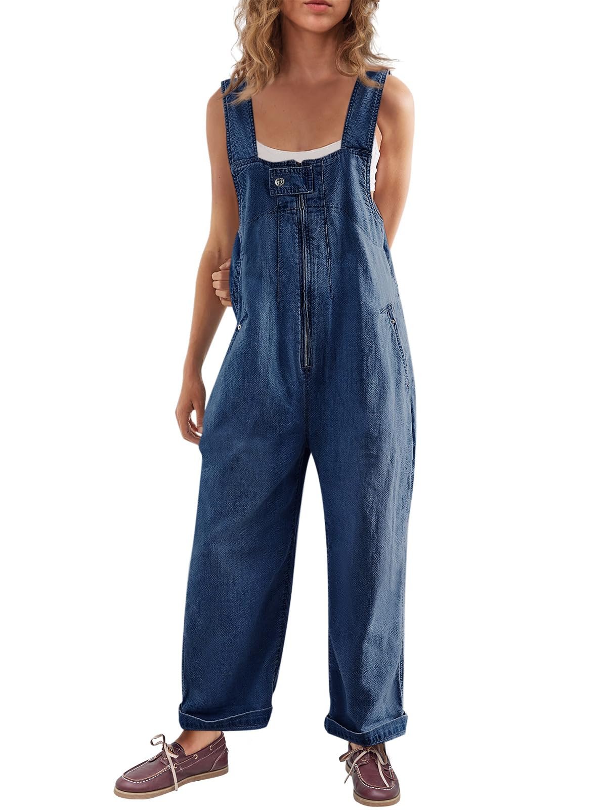 Silver snap tab centered on the front bib — Cicy Bell Womens Denim Bib Overalls Wide Leg Zipper Jean Jumpsuits