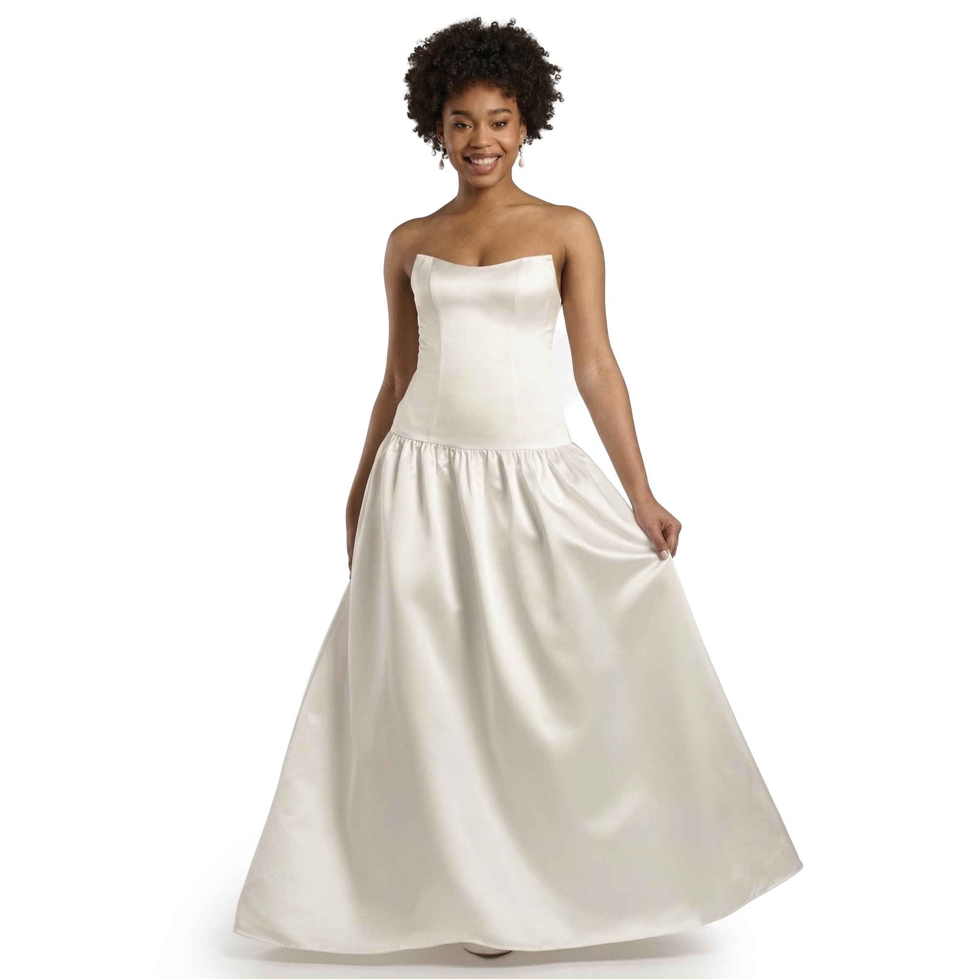 Building today's look from Dress outward — David's Bridal Drop Waist Satin A-Line Wedding Dress