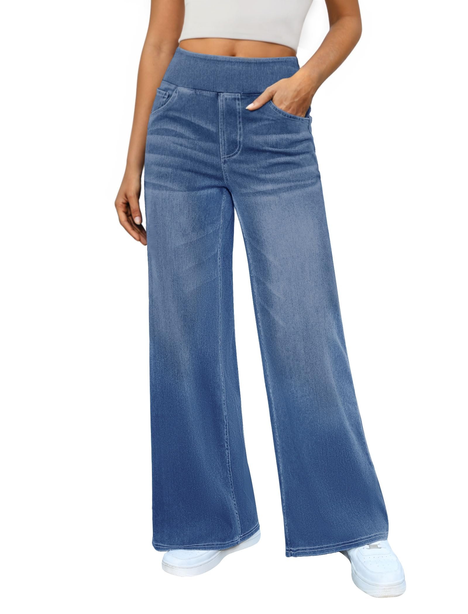 Cream cardigan with brown trim left open — Dlooda Women's Stretchy Wide Leg Jeans High Waisted Denim Pants