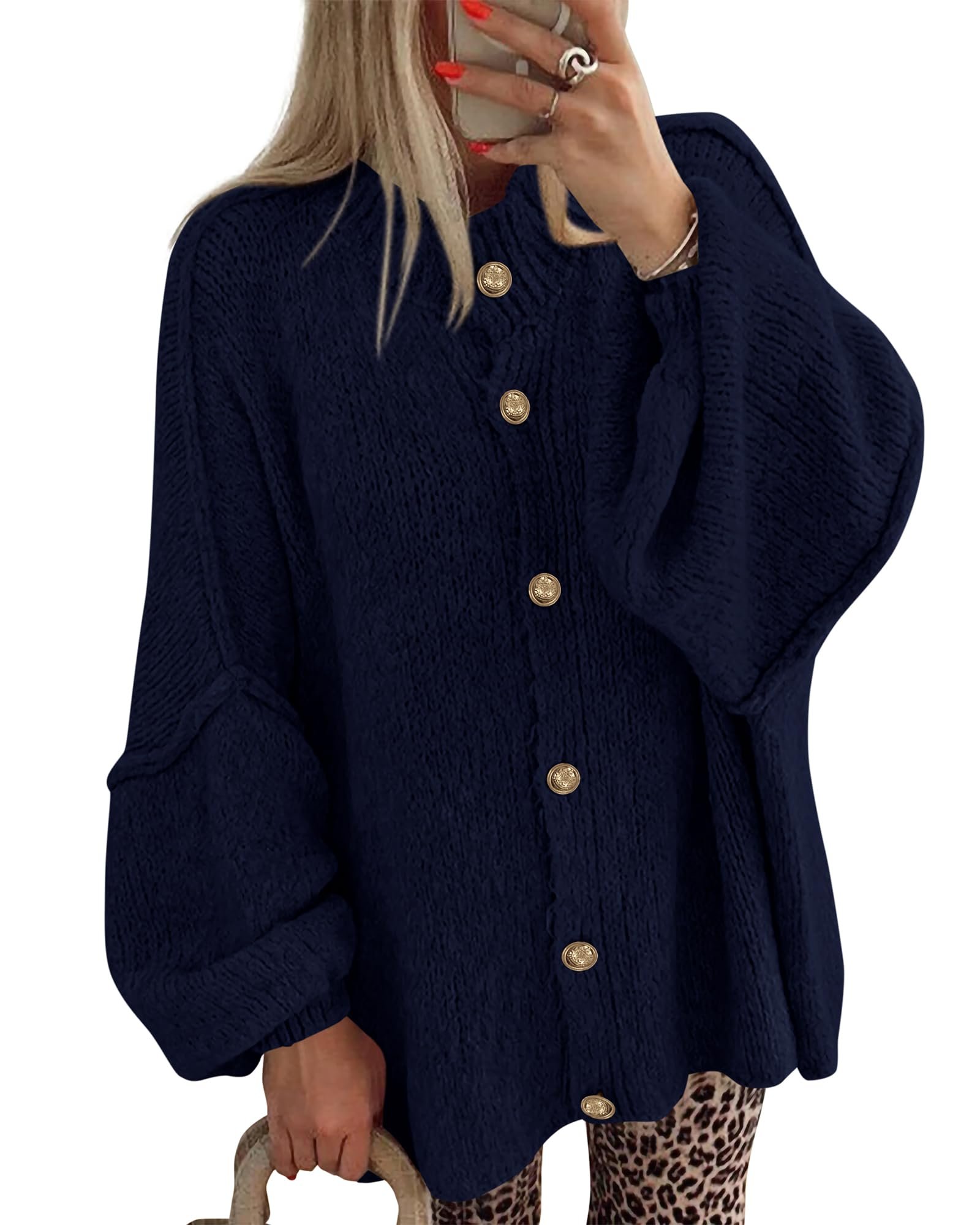 Balloon sleeves gathering at ribbed cuffs — Btfbm Oversized Cardigan Sweaters for Women Casual 2026 Trendy Fall Clothes