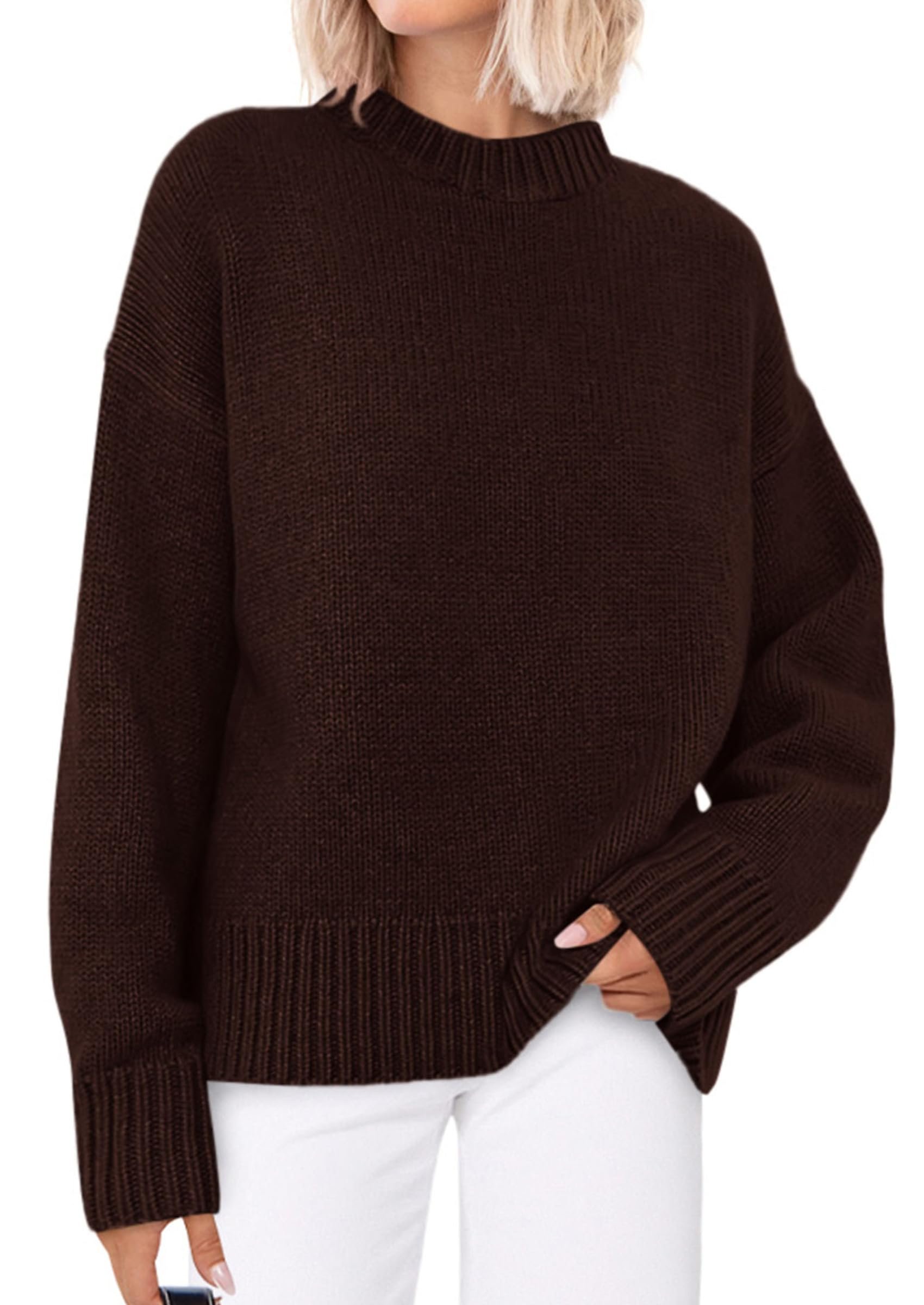 Brown rollneck tucked into teal satin — Prettygarden Casual Rollneck Sweater Womens Fall Fashion 2026