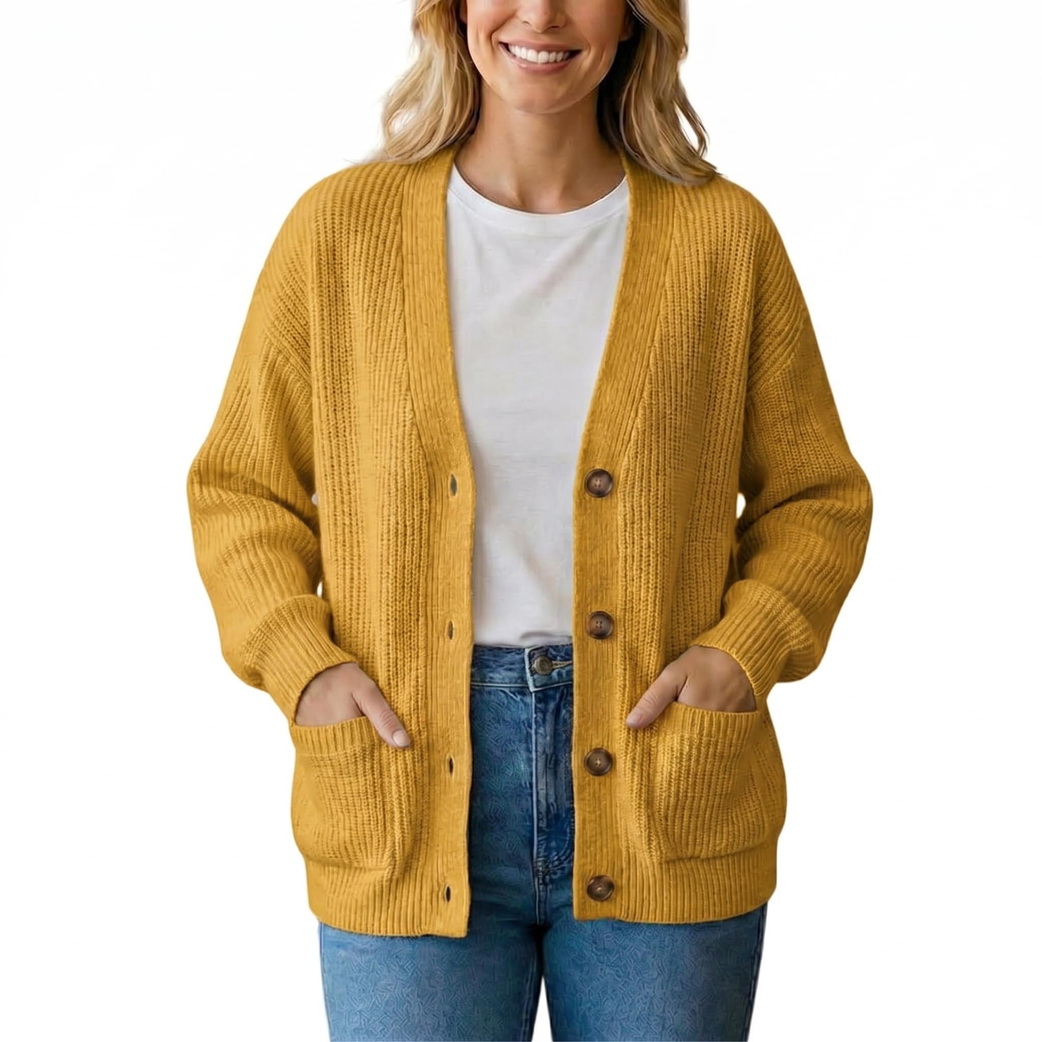 Ribbed cuffs and patch pockets on the mustard knit — Grewear Women's Fashion Button Long Sleeve Cardigan Lightweight Loose Cardigan with Pockets