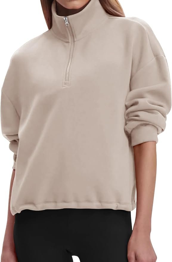 Oatmeal pullover tucked into sequin hem — Cocomarts Womens Sweatshirts Half Zip Pullover Drawstring Waist Sweaters Quarter Zipper Hoodies 2026 Fall Fashion Clothes