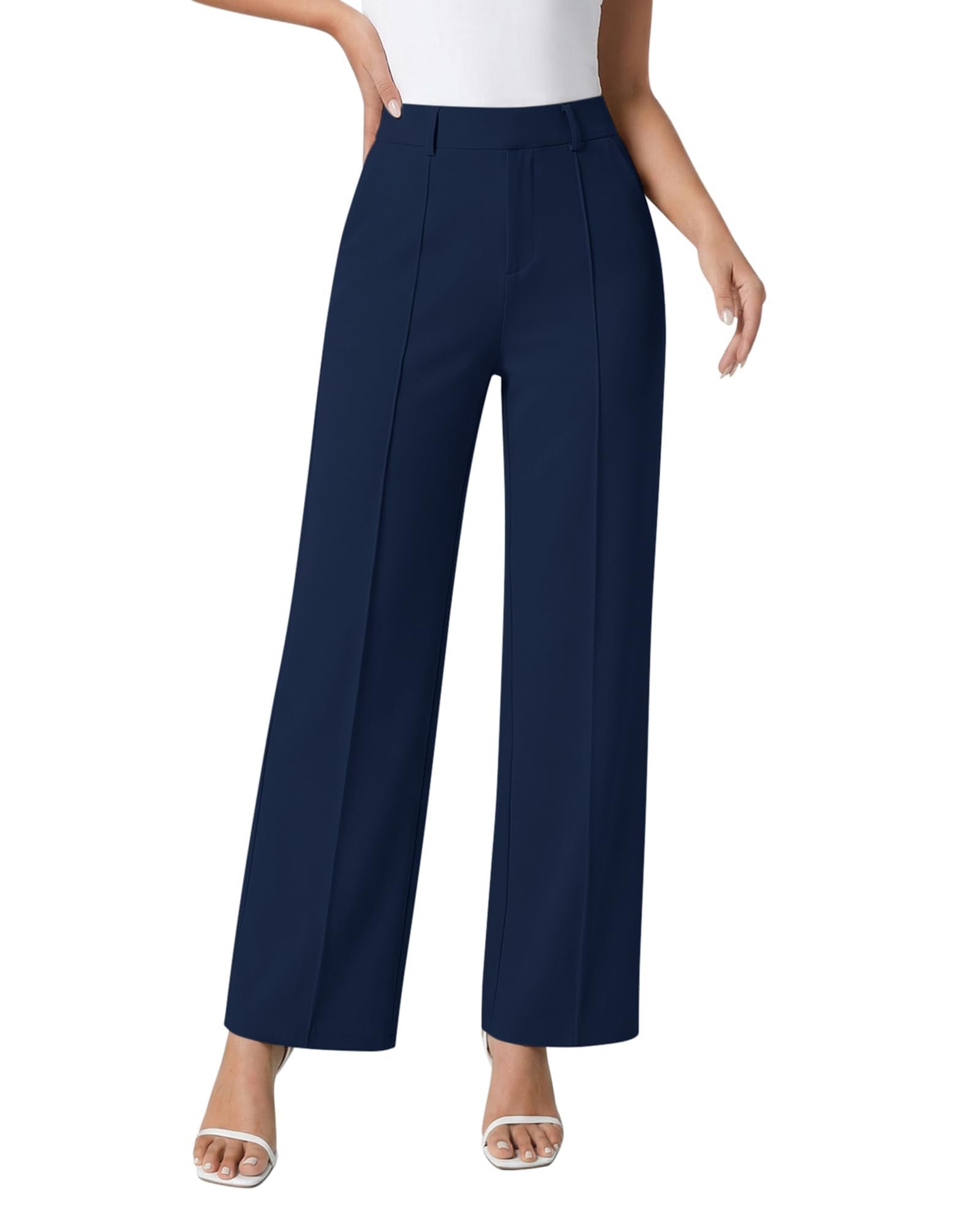 Front pintuck seam down the navy wide leg pants — Oulesis OULESlS Womens Dress Pants Wide Leg Work Pants Stretchy Slacks with Pockets