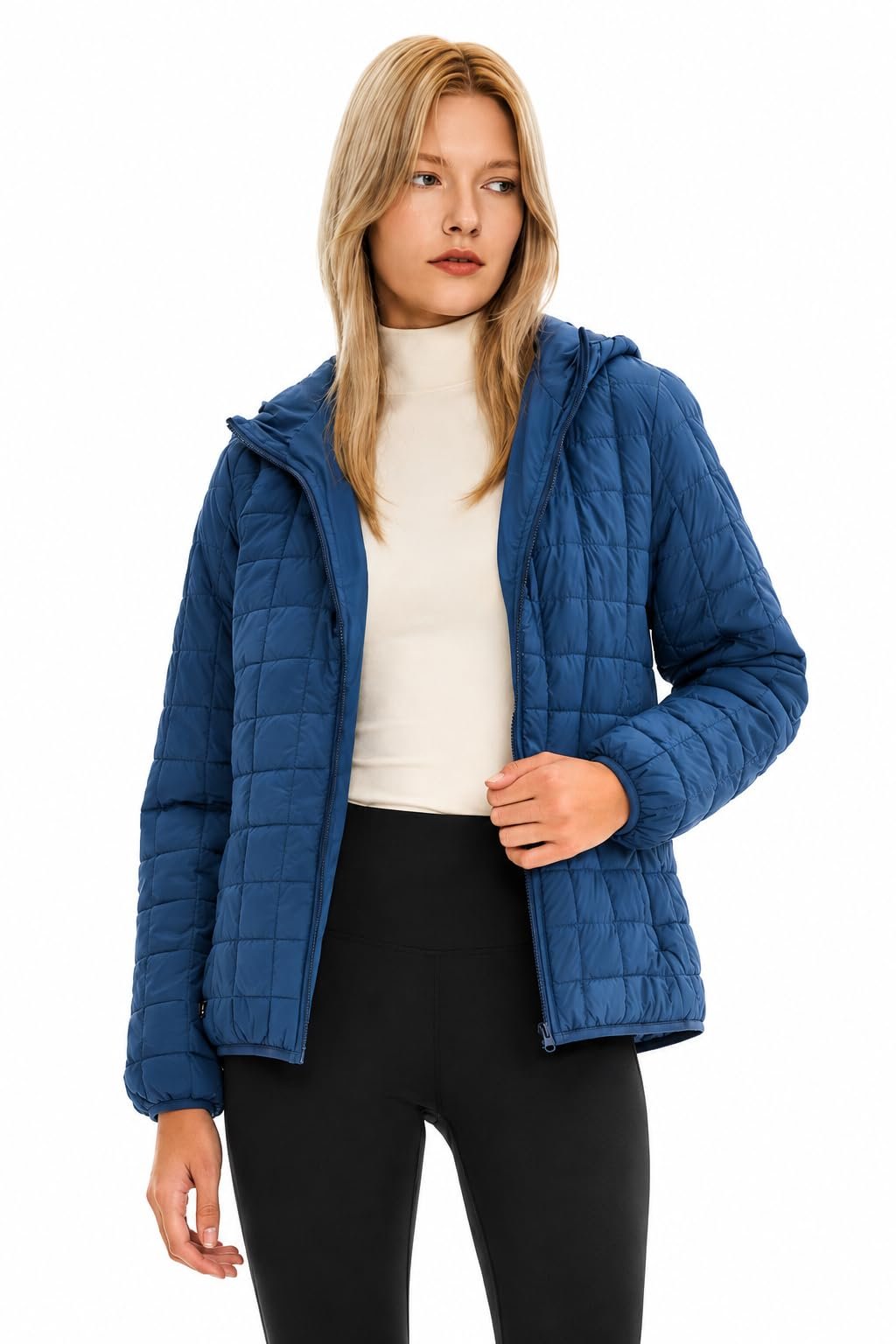 The blue puffer shows small square grid stitching — Orolay Women's Lightweight Hooded Puffer Jacket Packable Quilted Zip Up Warm Coat with Pockets