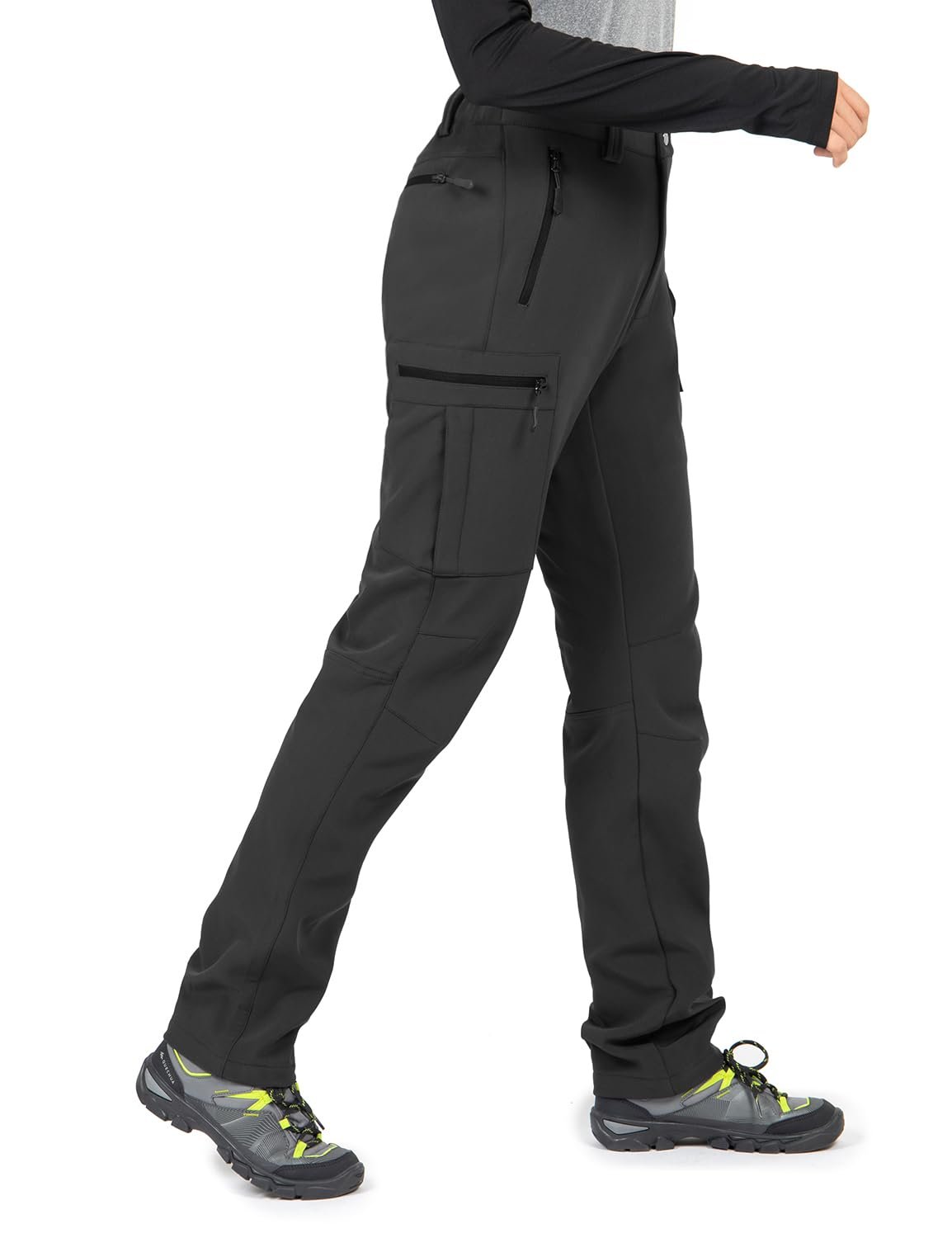 Black cargo pants, zip pockets on both thighs — Wespornow Women's Fleece-Lined Hiking Pants: Water Resistant Windproof