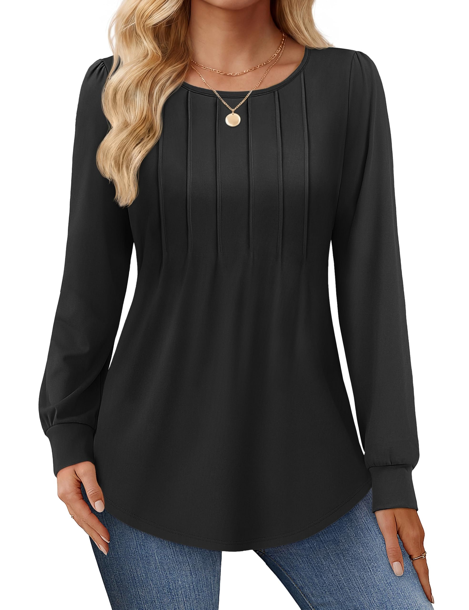 Flap pockets sitting square on olive cargo — Yucolen Womens Tunic Tops for Leggings Long Sleeve Pleated Soft Fall Shirts