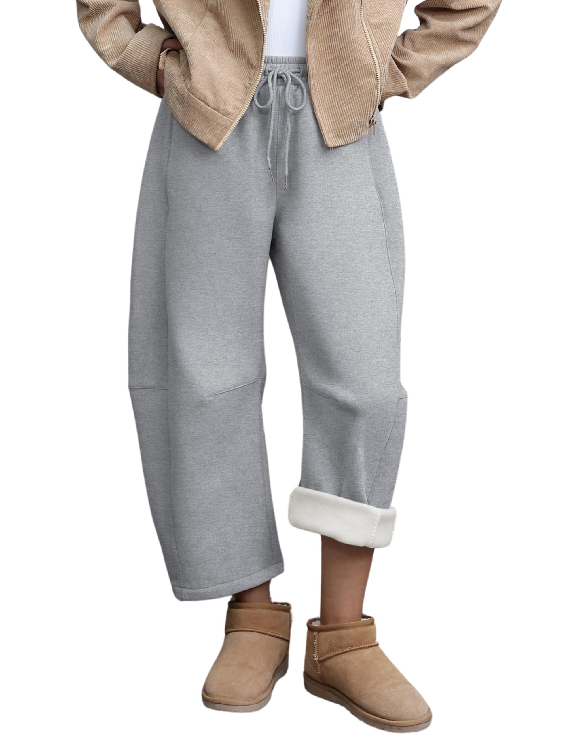 Drawstring tied in front on heather gray sweats — Hongsui Women's Baggy Sweatpants Fleece Lined Fall Winter Barrel Leg Pants Casual Drawstring Palazzo Pants with Pockets