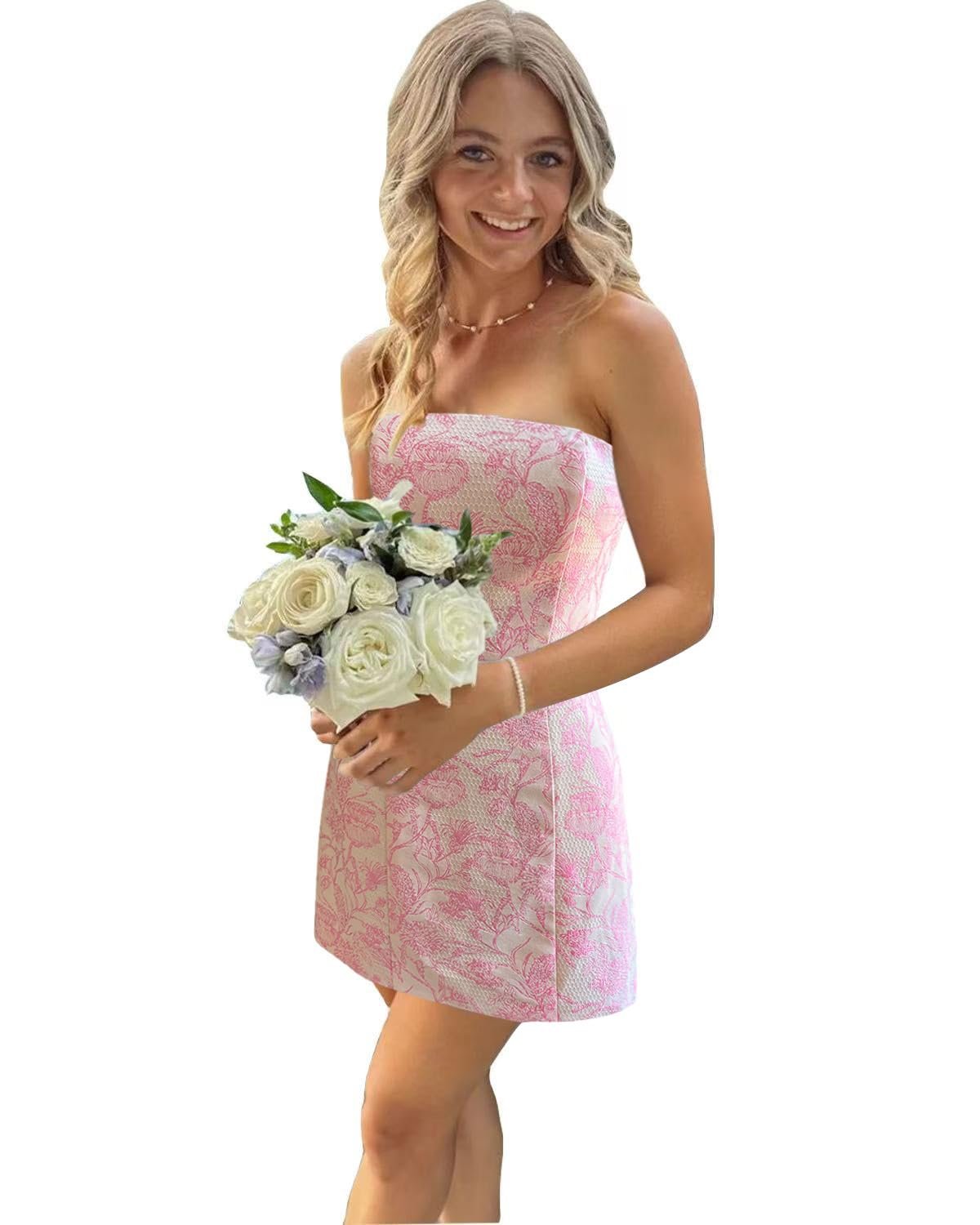 The pink jacquard wraps into a strapless mini — Flybridal Floral Mini Strapless Homecoming Cocktail Dress