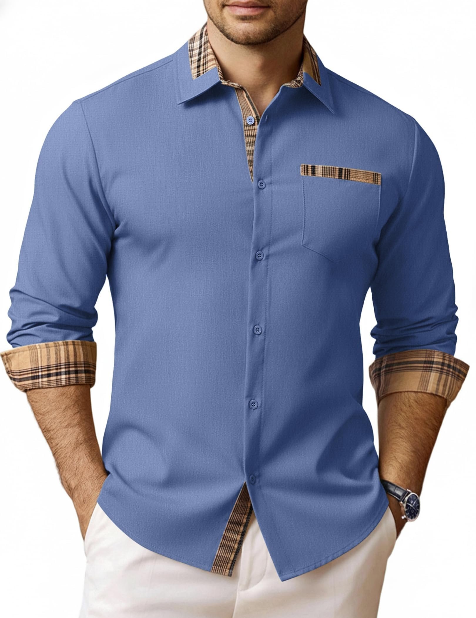 Dress and Shorts made getting dressed suspiciously easy — Vssjavun Men's Long Sleeve Dress Shirts Plaid Collar Untucked Casual Shirt