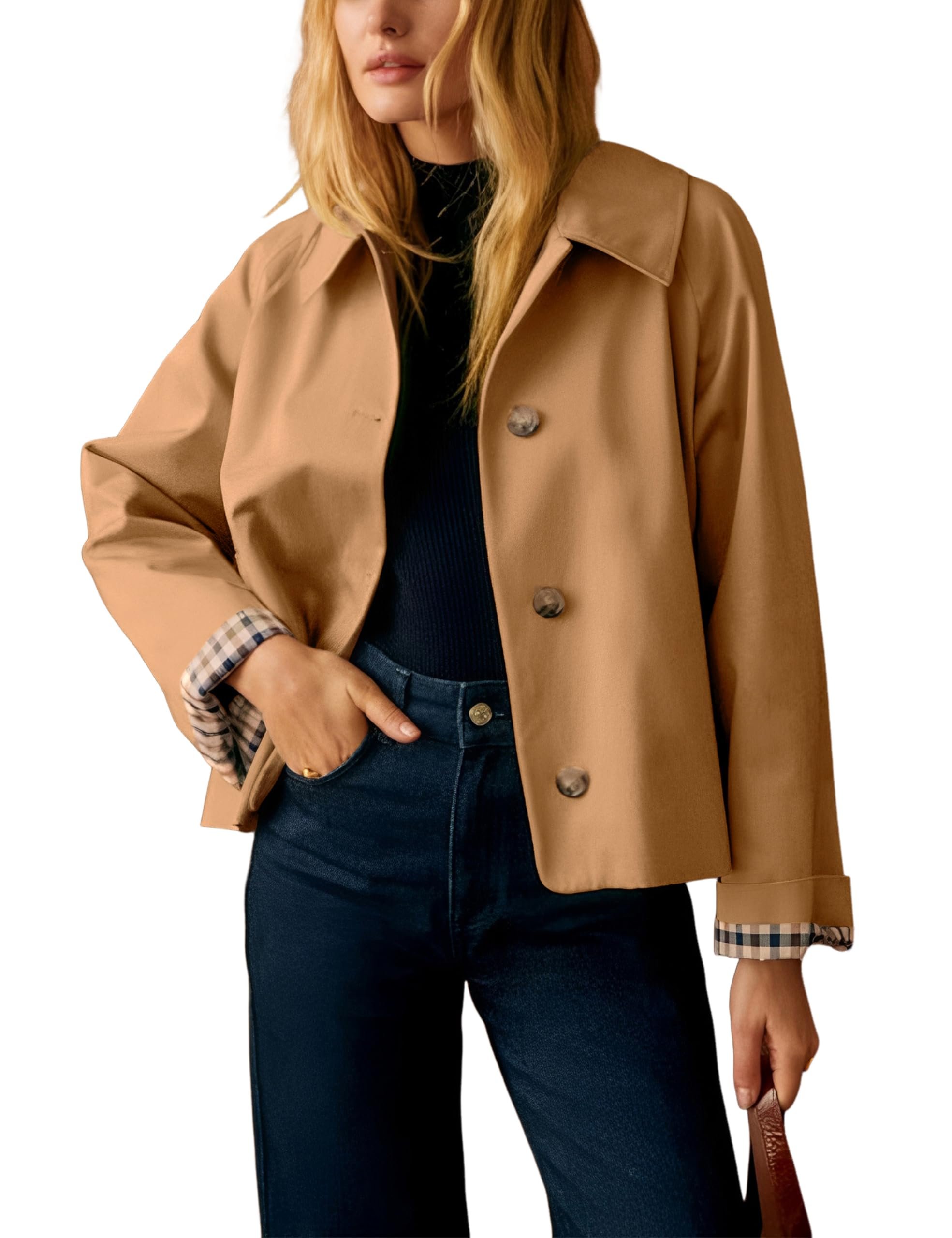 Blue drawstring tassels on the high waisted maxi — Dqbeng Womens Short Trench Jacket Plaid Lining Button Front Lightweight Classic Casual Outerwear with Pockets
