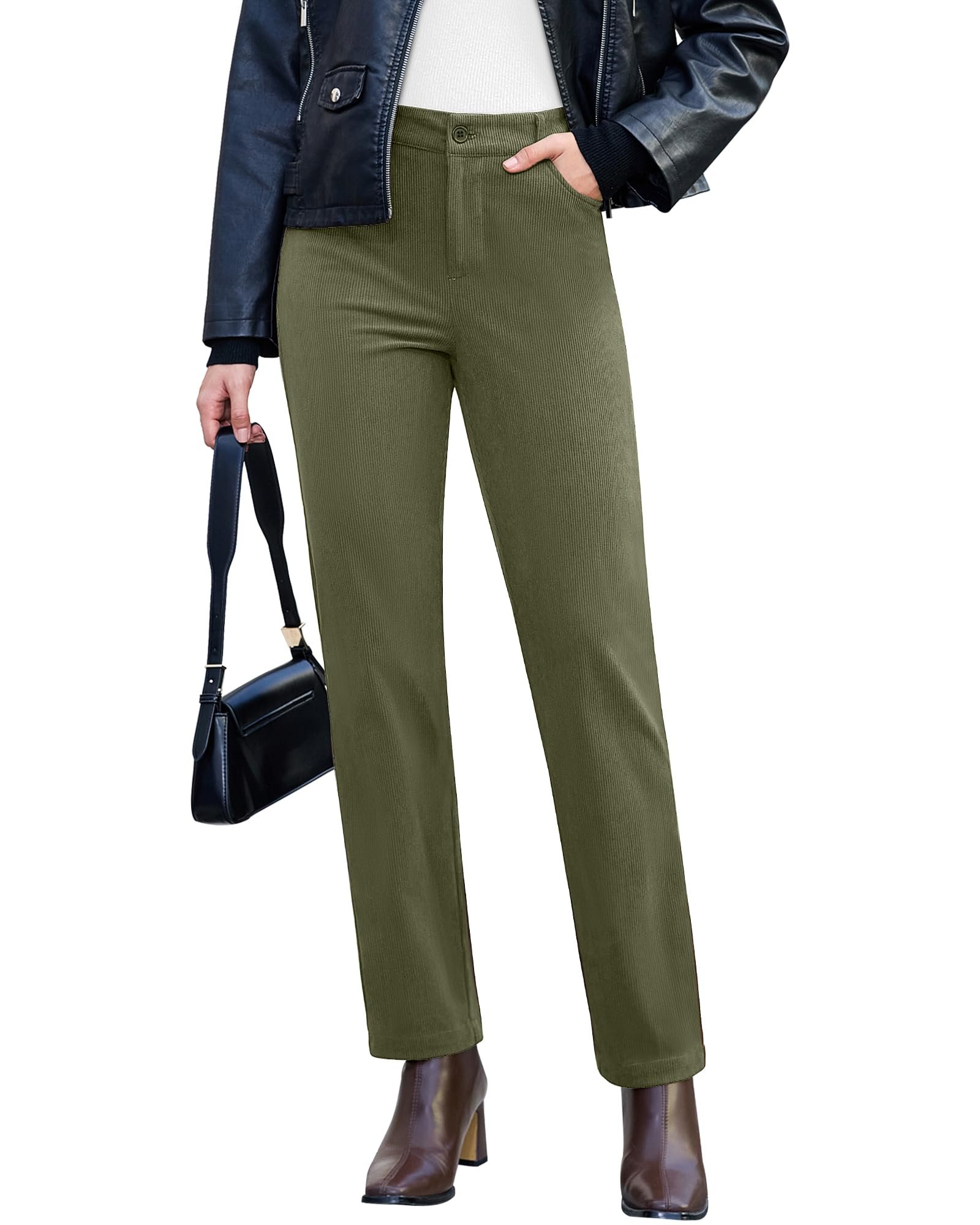 How the drawstring cinches the light blue crop — Grapent Corduroy Pants for Women High Waisted Straight Leg Elastic Waist Stretchy Casual Work Pants Fall Winter Trousers