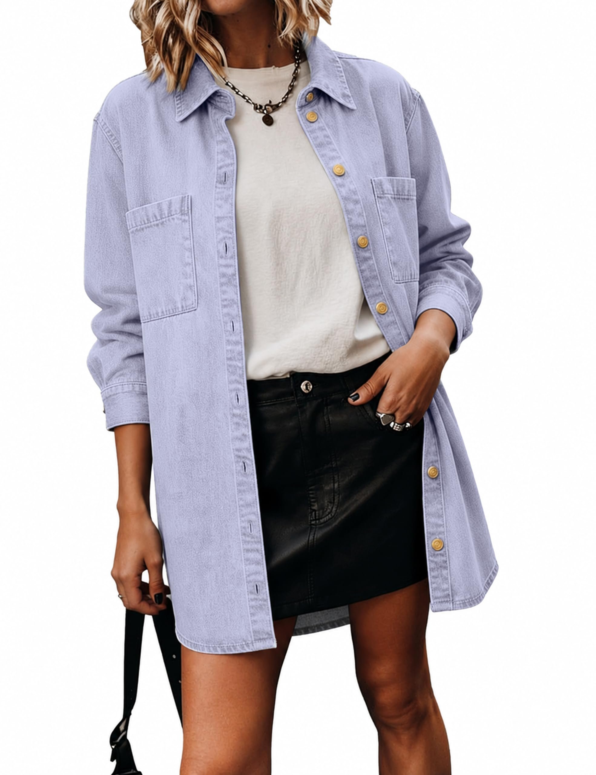 Overhead elevator shot with white sneakers — Fiona Jolin Womens Denim Jackets 2026 Casual Long Sleeve Button Down Jean Jackets with Pockets Vacation Loose Tops