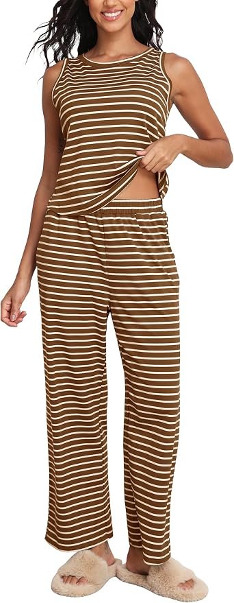 Brown and cream stripes top to bottom — Cocomarts Womens 2 Piece Lounge Sets Casual Striped Pajama Sets Sleeveless Tank Top and Wide Leg Pants Matching Outfits 2026
