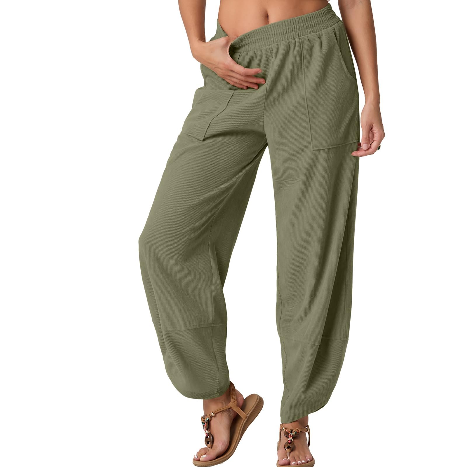 Patch pockets placed low on olive — Freeoak Womens Wide Leg Harem Pants Palazzo Boho Casual Loose Elastic Waist 2025 Travel Vacation Outfits with Pockets