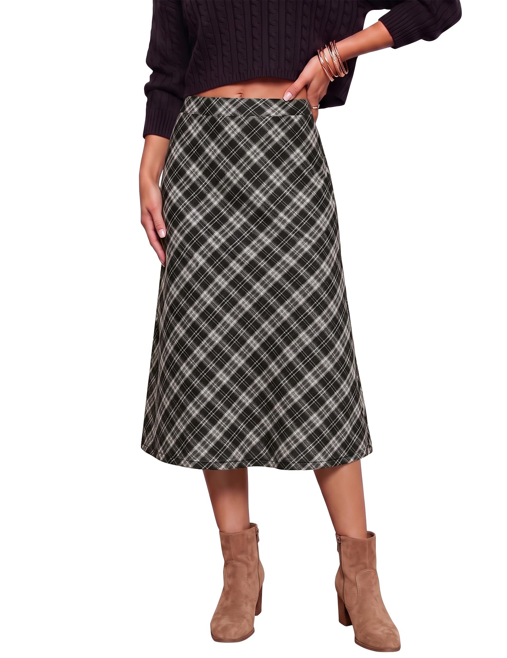 Ankle boots right below that plaid midi hem — Luvamia Plaid Skirts for Women Midi Length High Waisted Trendy A Line Elastic Waist Casual Office Work Fall Skirt
