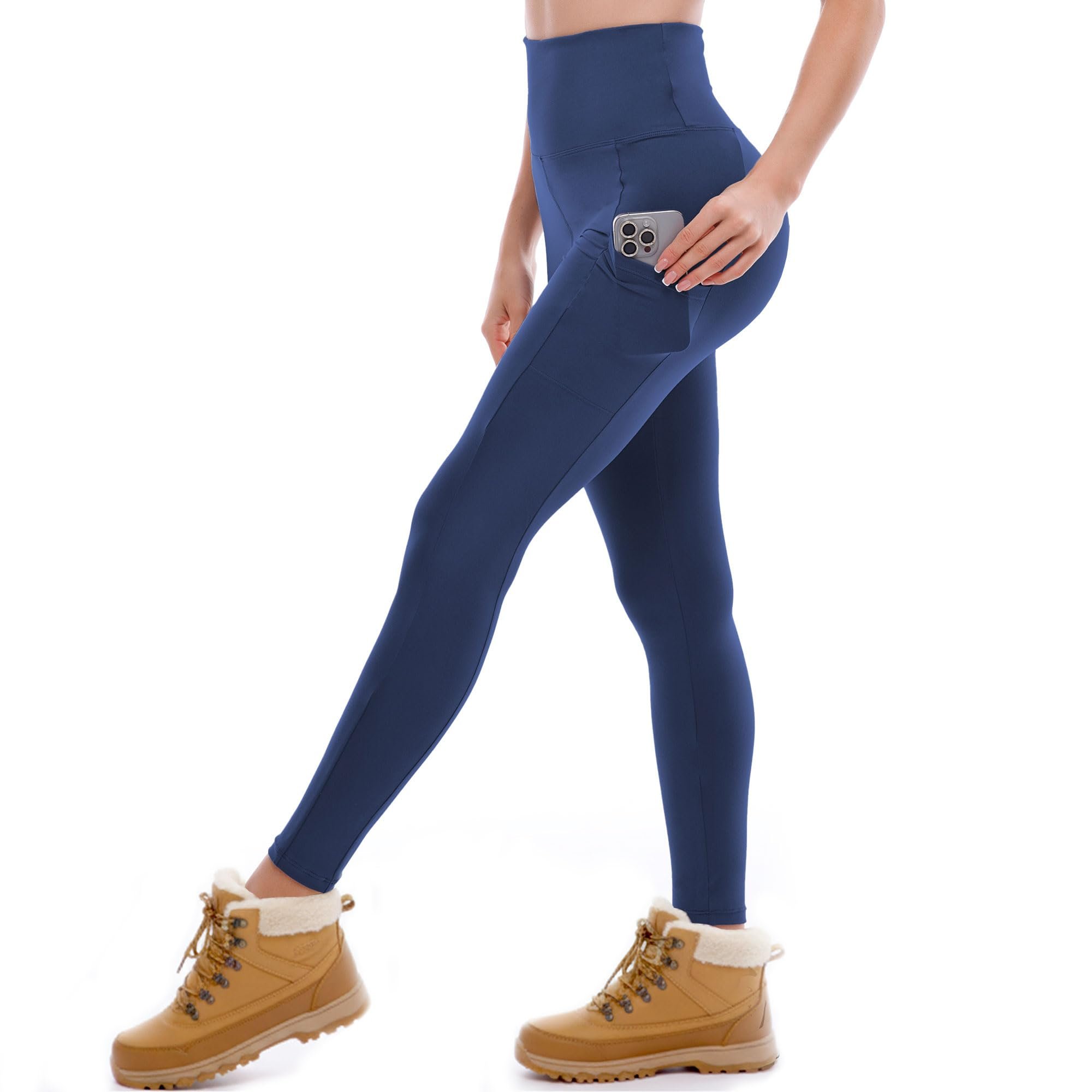 Tan shearling boots topping the fleece lined leg — Ipletix Fleece Lined Leggings with Pockets for Women