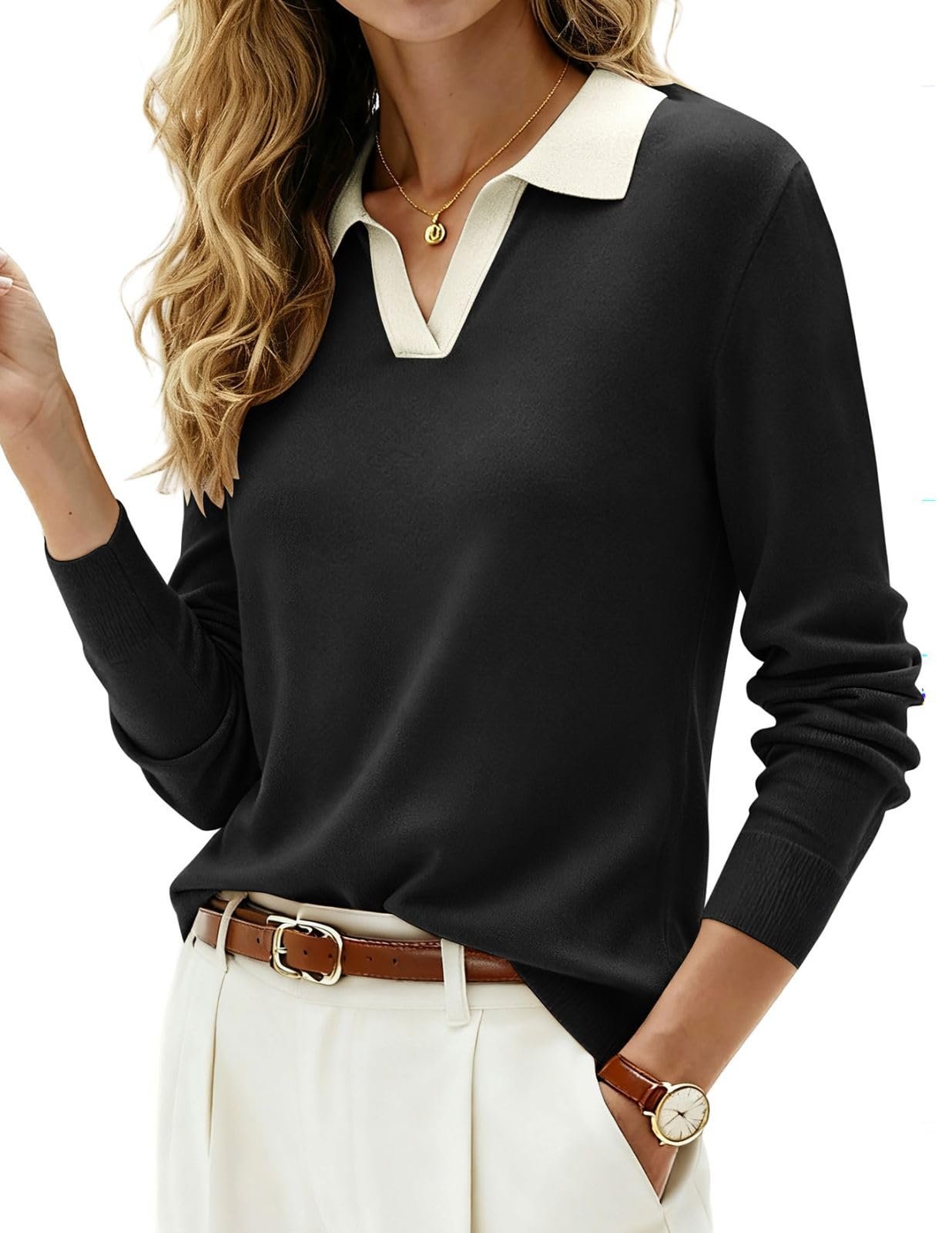 Skort logic at golden hour — Kate Kasin Women Wool Blend V Neck Sweater, Long Sleeve Polo Shirt Collared