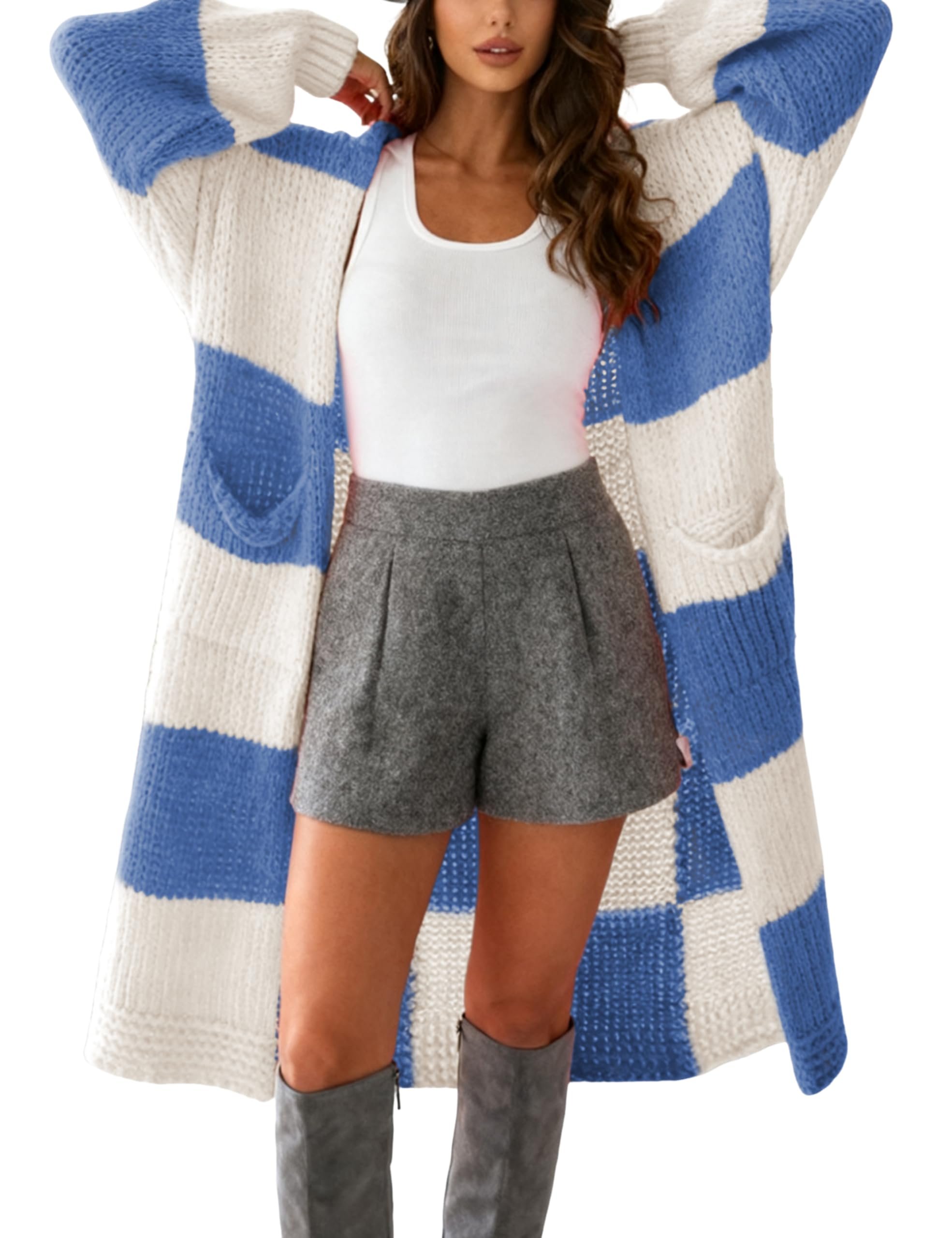 The puppy on my pants has opinions — Yeokou Women Checkered Cardigan Sweater Color Block Open Front Long Plaid Chunky Knit Fall Outerwear with Pockets