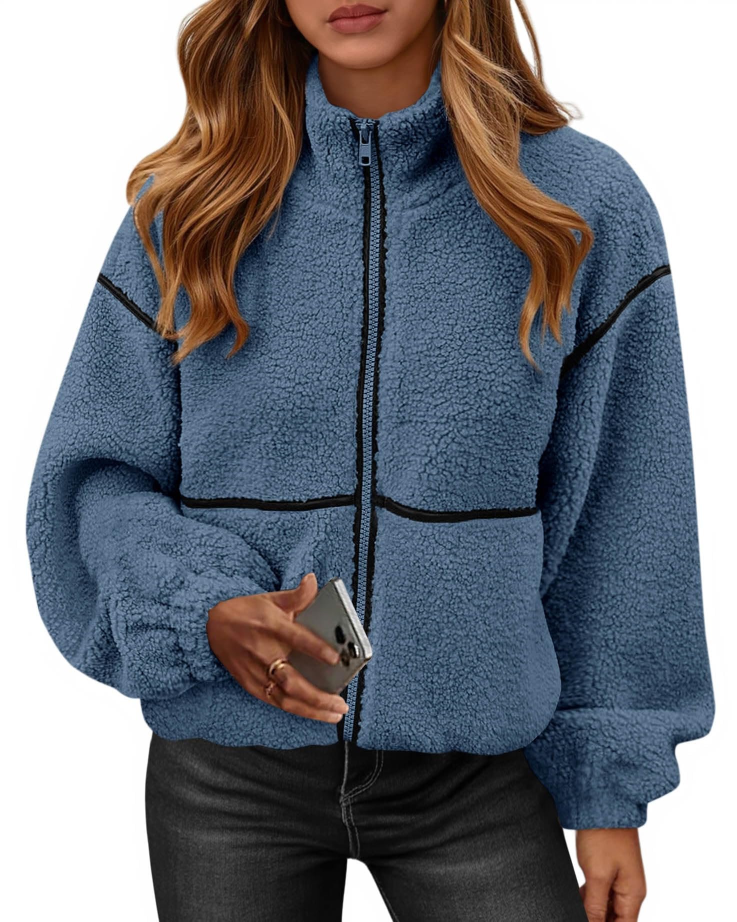 Black piping running across the blue sherpa chest — Kirundo Sherpa Jacket Women Fleece Zip Up Winter Coats