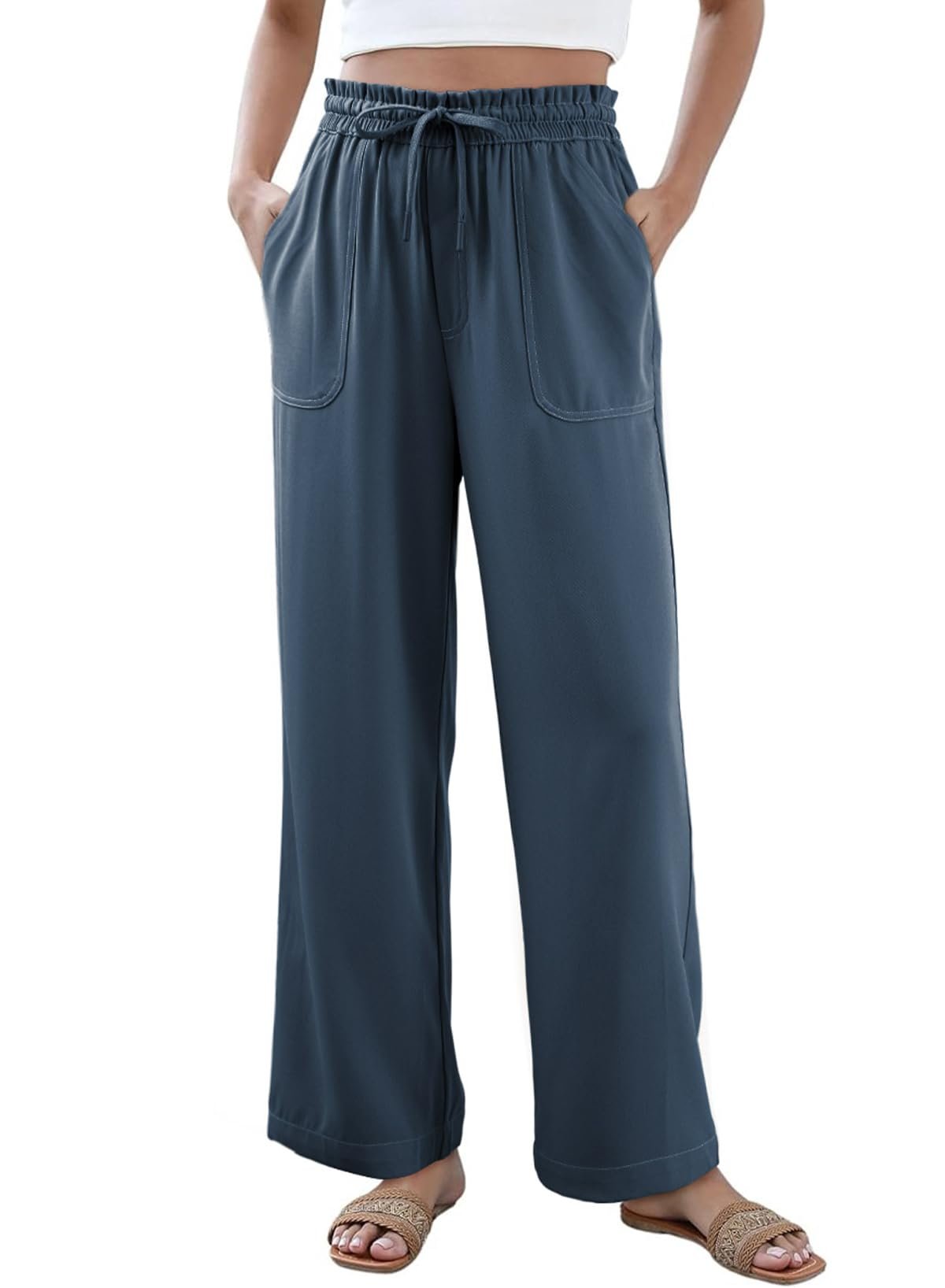 Hands on hips showing the ruched side seam — Dokotoo Casual Pants for Women Loose Elastic High Waisted Drawstring Wide Leg Pants with Pockets