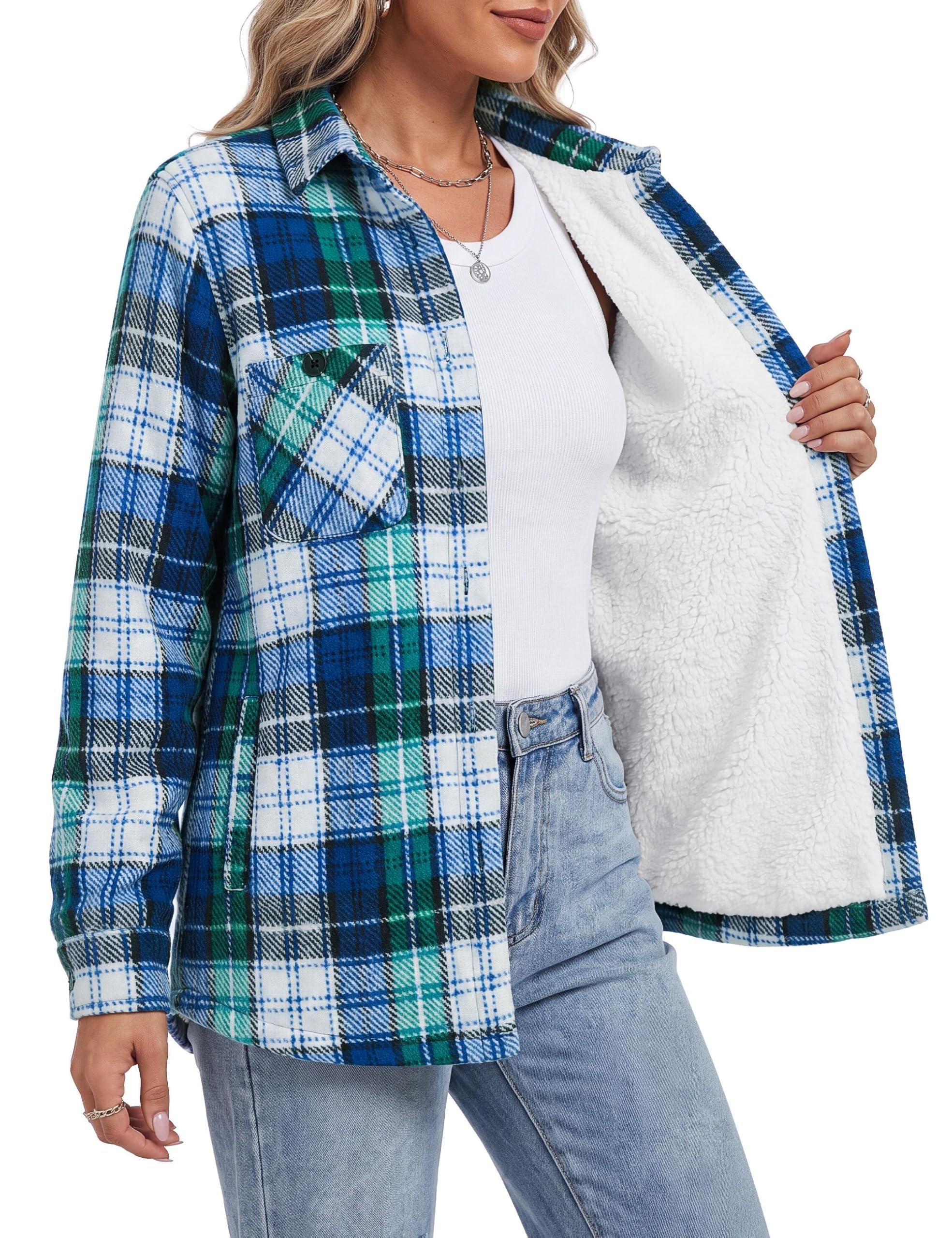 Grey sweats traced by front pintuck seams — Yucolen Womens Plaid Jacket Warm Flannel Shacket Sherpa Lined with Pockets