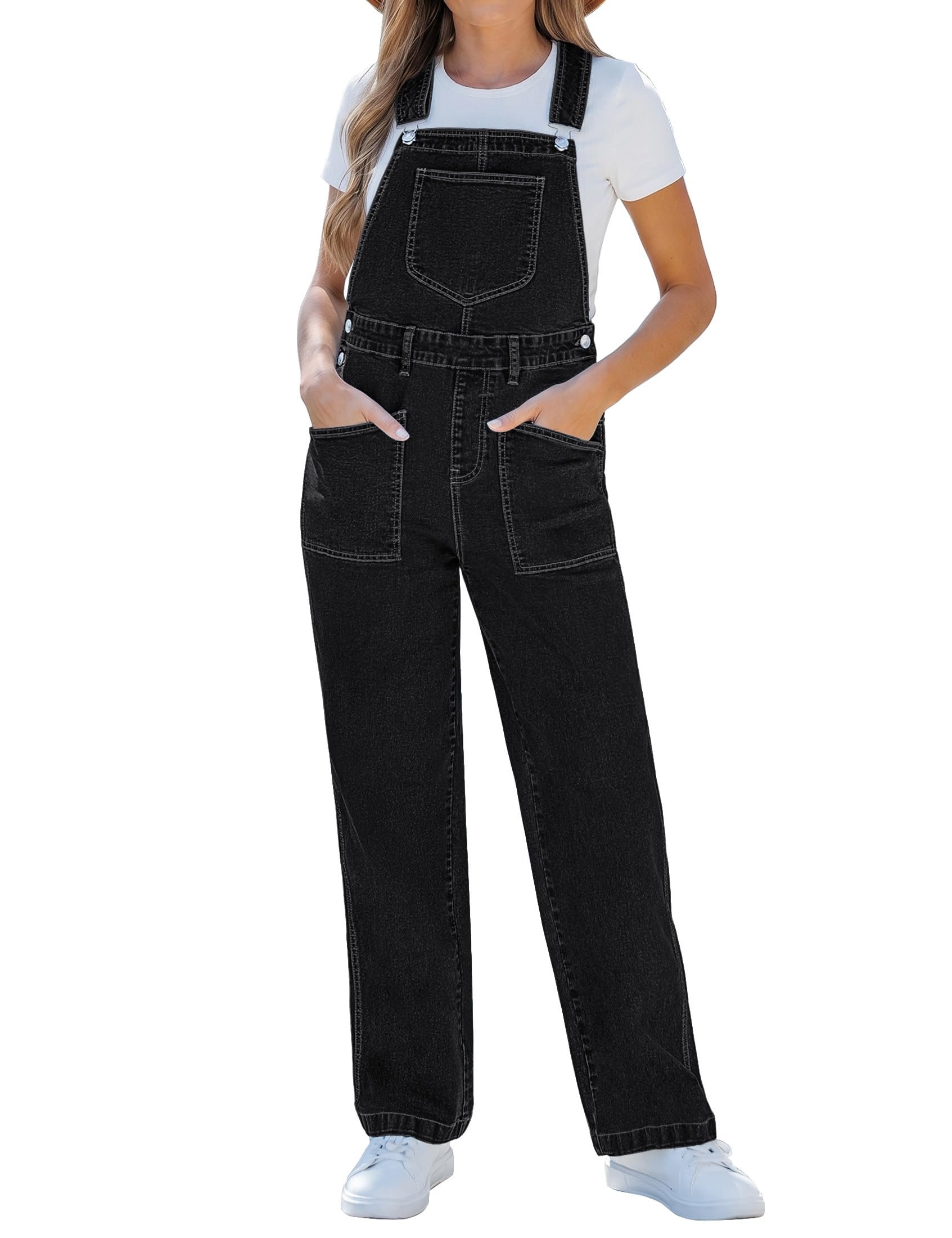 Belt loops and side buttons along the waistband — Luvamia Jean Overalls for Women Loose Fit Baggy Wide Leg Bib Pocket Adjustable Straps Stretchy Denim Overall Jumpsuits