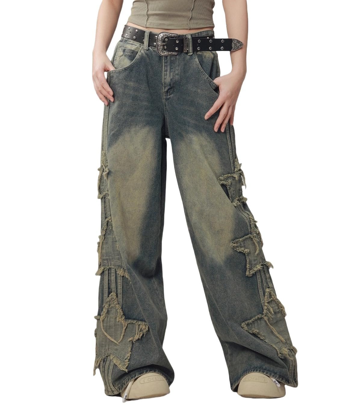 Hood resting behind the black cropped puffer — Ismt Tz Tm Y2K Baggy Distressed Jeans for Women Wide Leg Butterfly/Star Patch