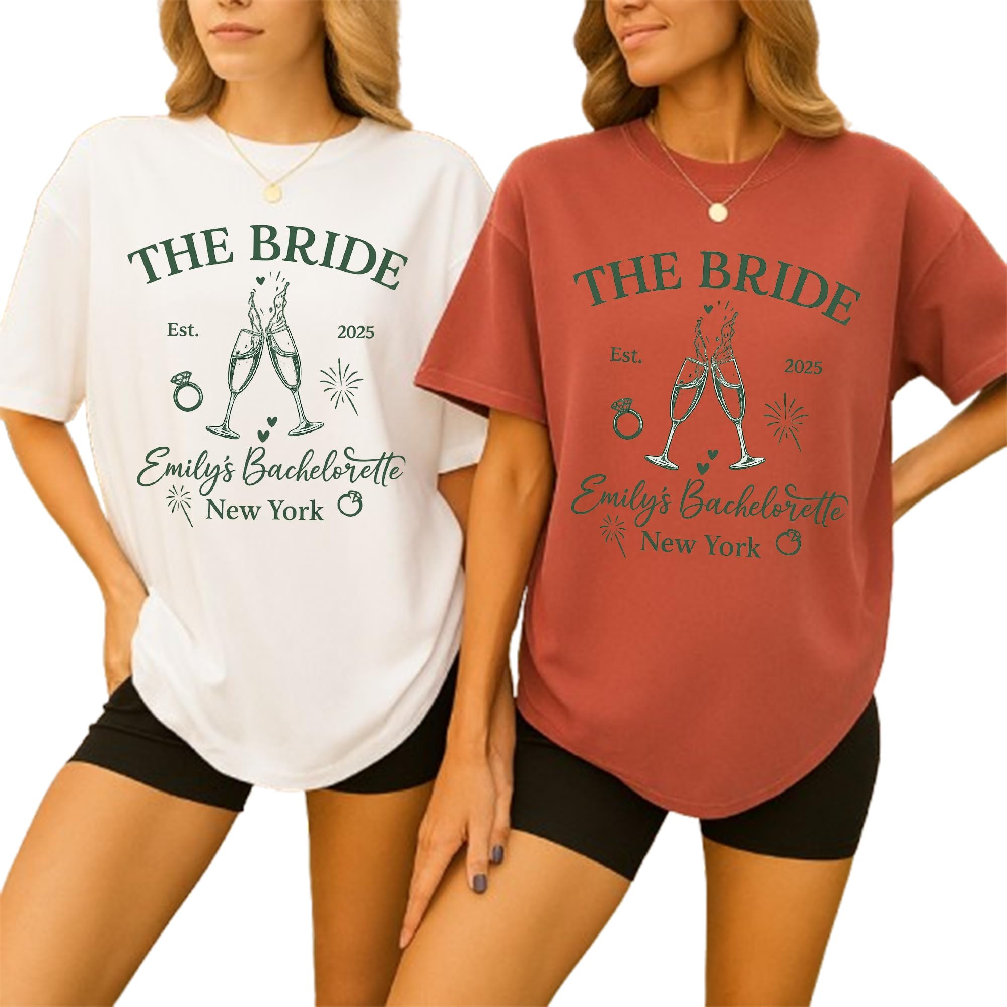 Emily's Bachelorette New York in green script below — On Love Greeen Custom Wedding T-Shirts for Couples – Personalized Just Married, Bachelorette, or Honeymoon Tees