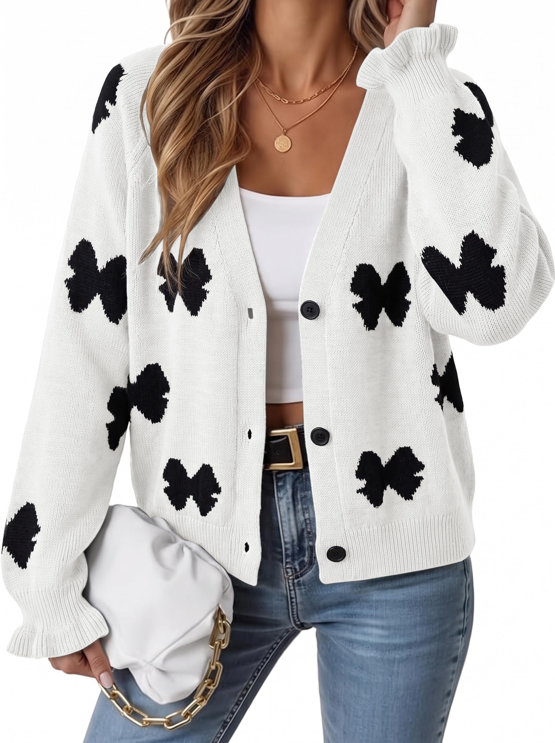 Ruffled cuffs at the wrists of the bow cardigan — Gamiss Bow Cardigan for Women Trendy V Neck Y2K Open Front Button Down Knit Sweater Cute Fall Ladies Sweaters