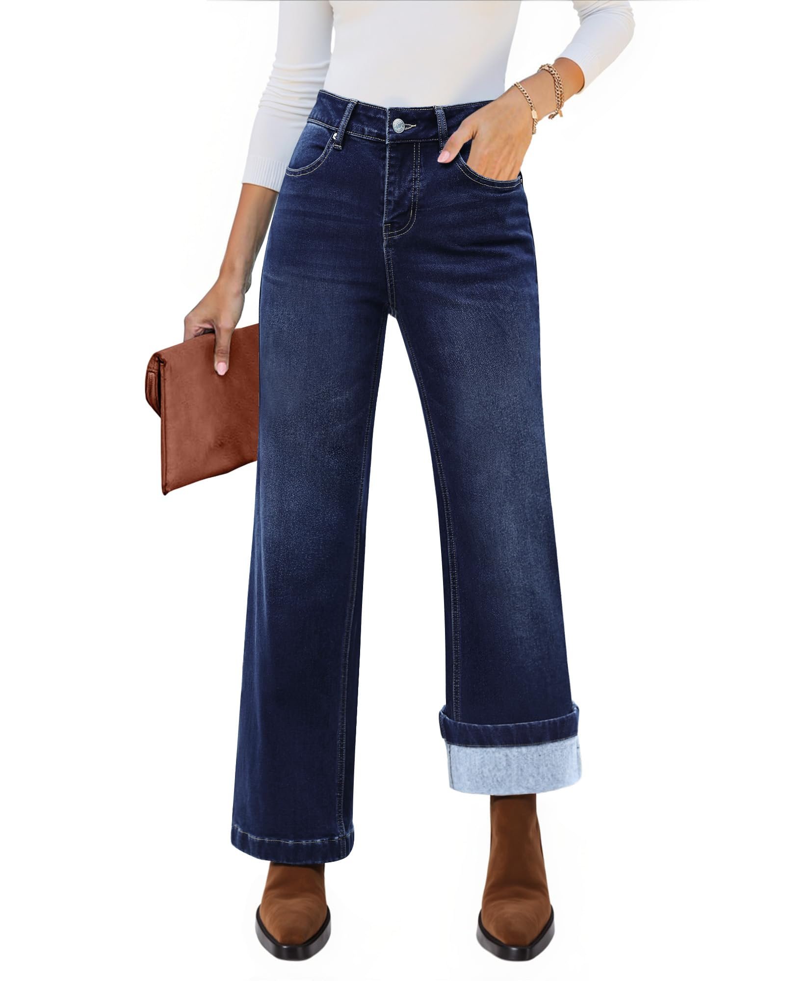 Cuffed hem flipping up to show light wash denim — Luvamia Flare Jeans for Women Thin Fleece Lined High Waisted Wide Leg Trendy Fall Stretchy Denim Pants Trouser Jeans