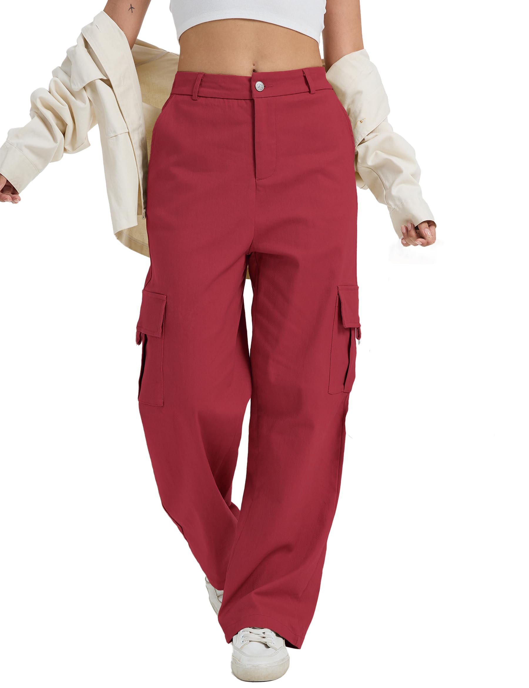 Flutter sleeves cut short above the elbow — Daoao Cargo Pants for Women High Waist Wide Leg Stretchy Pull On Baggy Casual Pants with Pockets
