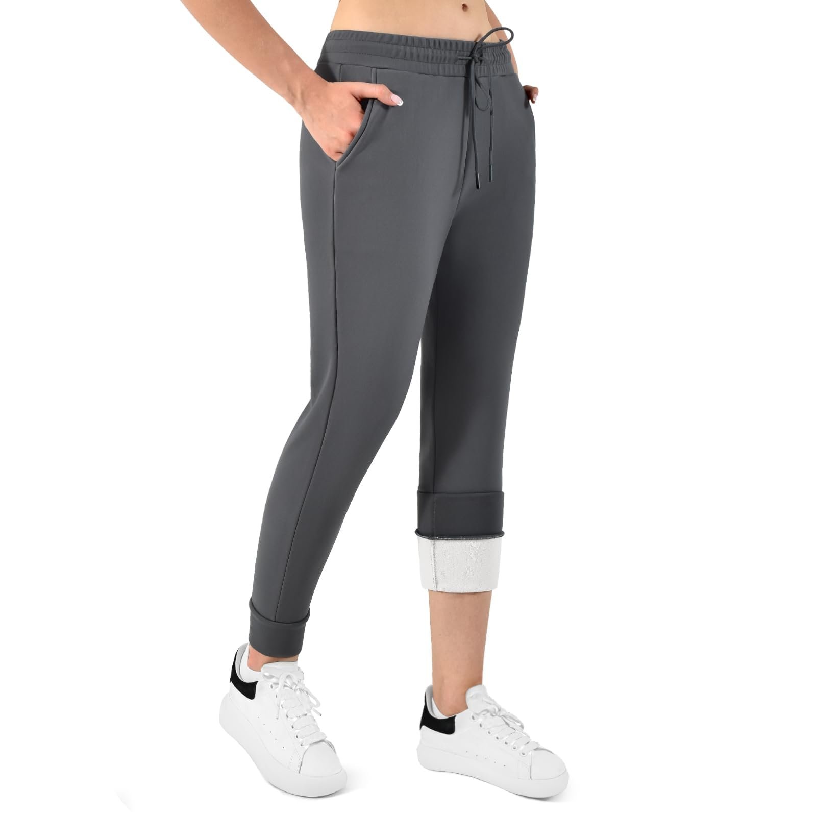 Black satin buttons lined down the center front — Walifrey Fleece Lined Joggers for Women with Pocket