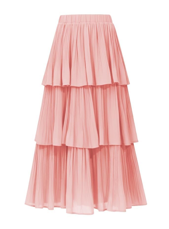 White batwing tee tucked into pink tiers — Oulesis Women's Chiffon Tiered Ruffle Long Maxi Skirts Boho Elastic High Waist A-Line Flared Pleated Midi Skirt