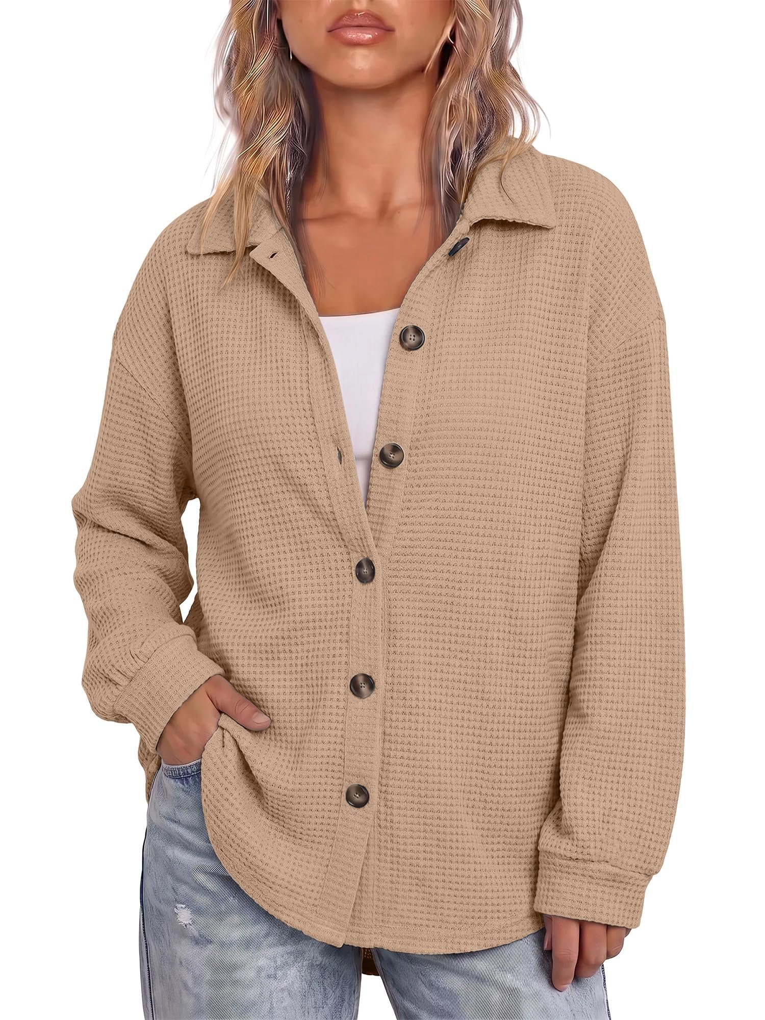 Ruffle hems cinching the wide balloon legs — Bette Boutik Womens Long Sleeve Waffle Knit Tops Fall Winter V Neck Casual Fashion Shirts