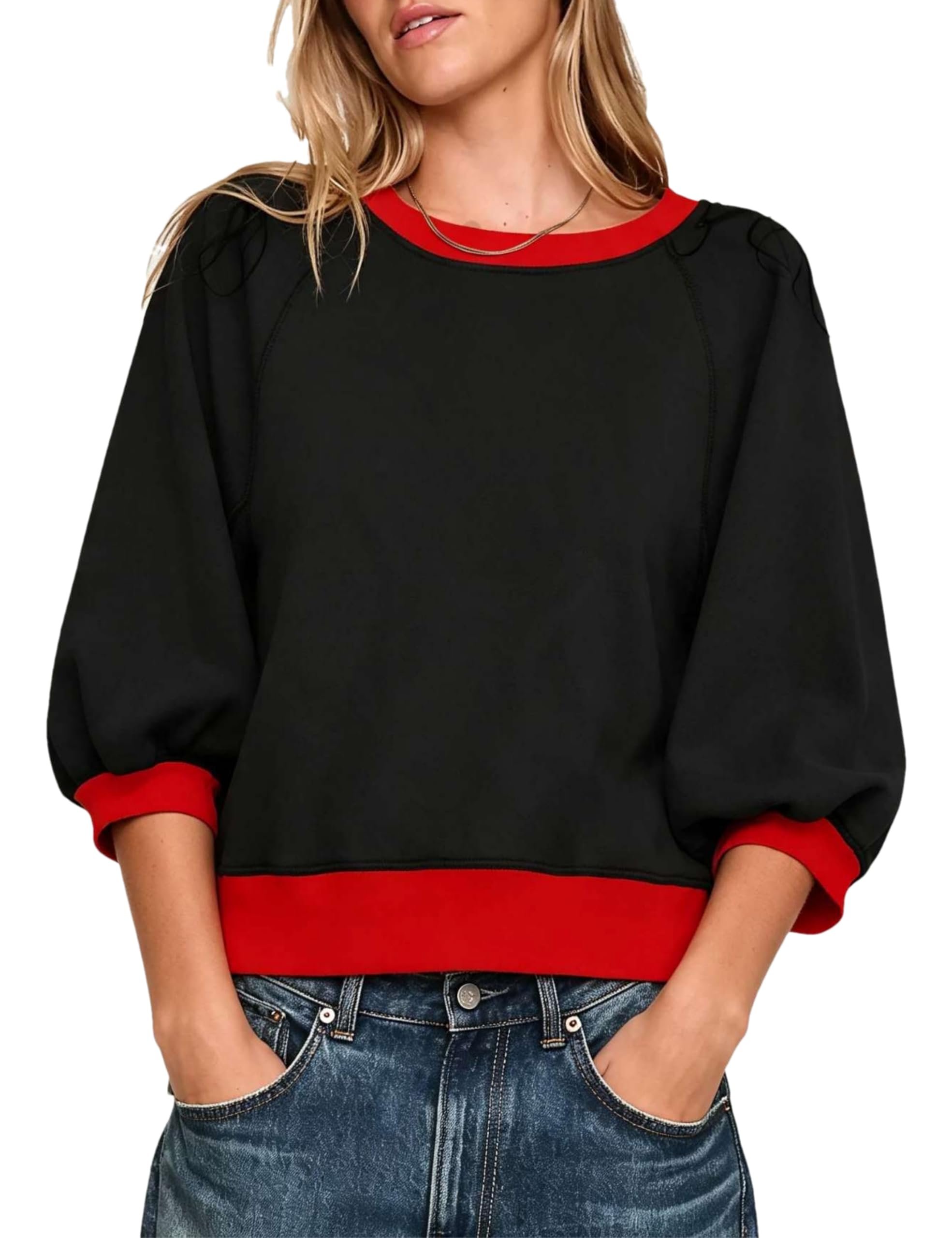 That pop of red at the collar made the outfit — Dapoola Womens 3/4 Puff Sleeve Crewneck Sweatshirt Color Block Pull on Top