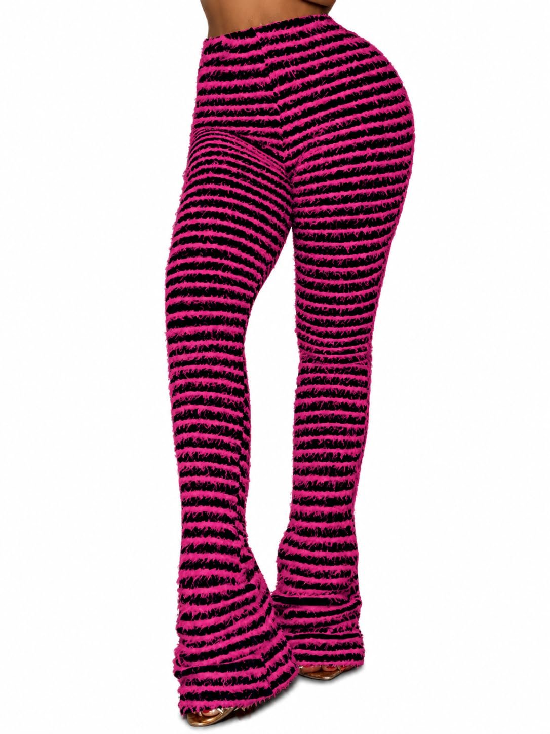 Fringe at twelve o'clock — Wcuvbv Stacked Fuzzy Pants for Women-Fringe Tassel Black and White Knit Striped Flare Sweatpants