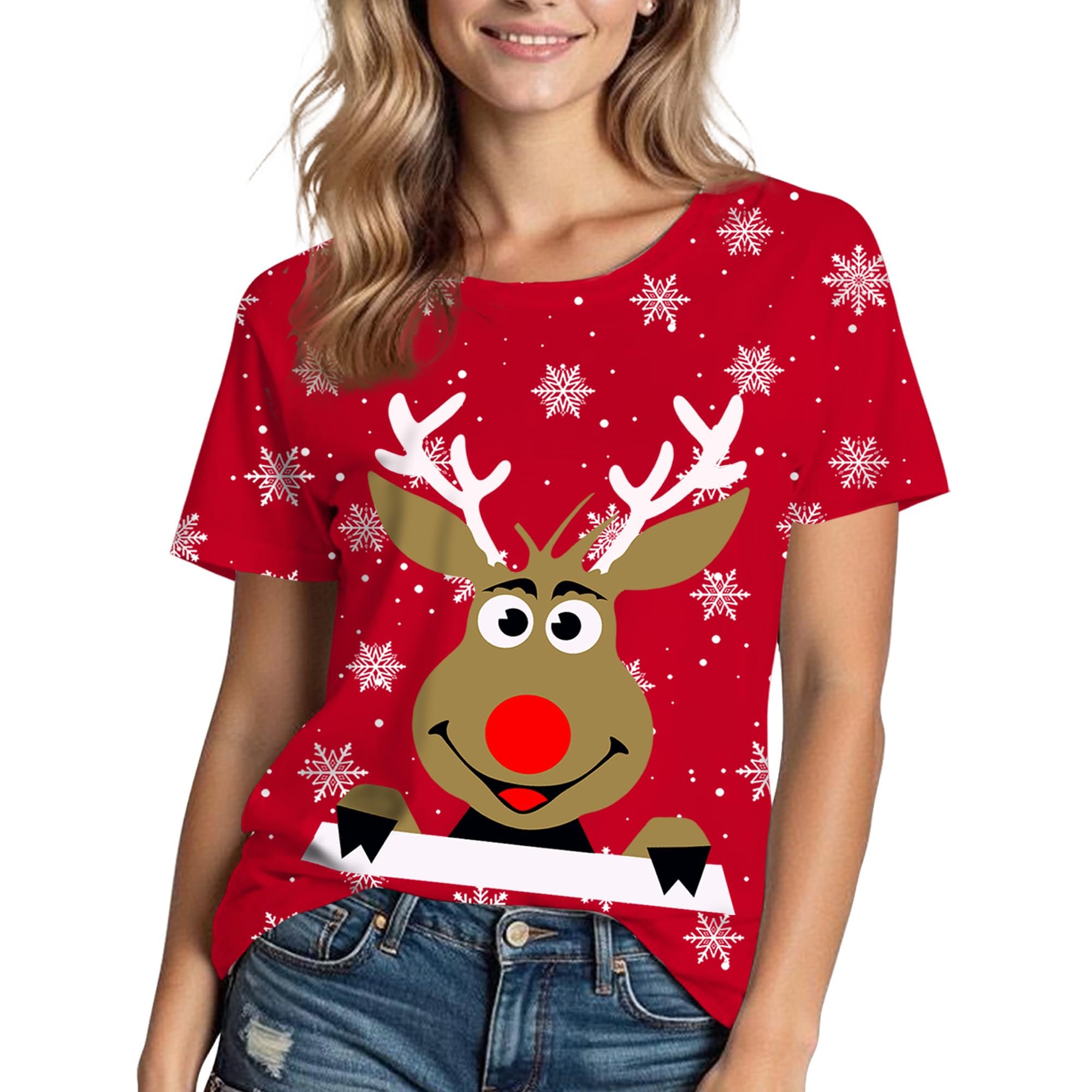 White snowflakes scattered over the bright red base — Lknznn Christmas Shirts for Women: Merry Christmas Snowflake Costumes Tee