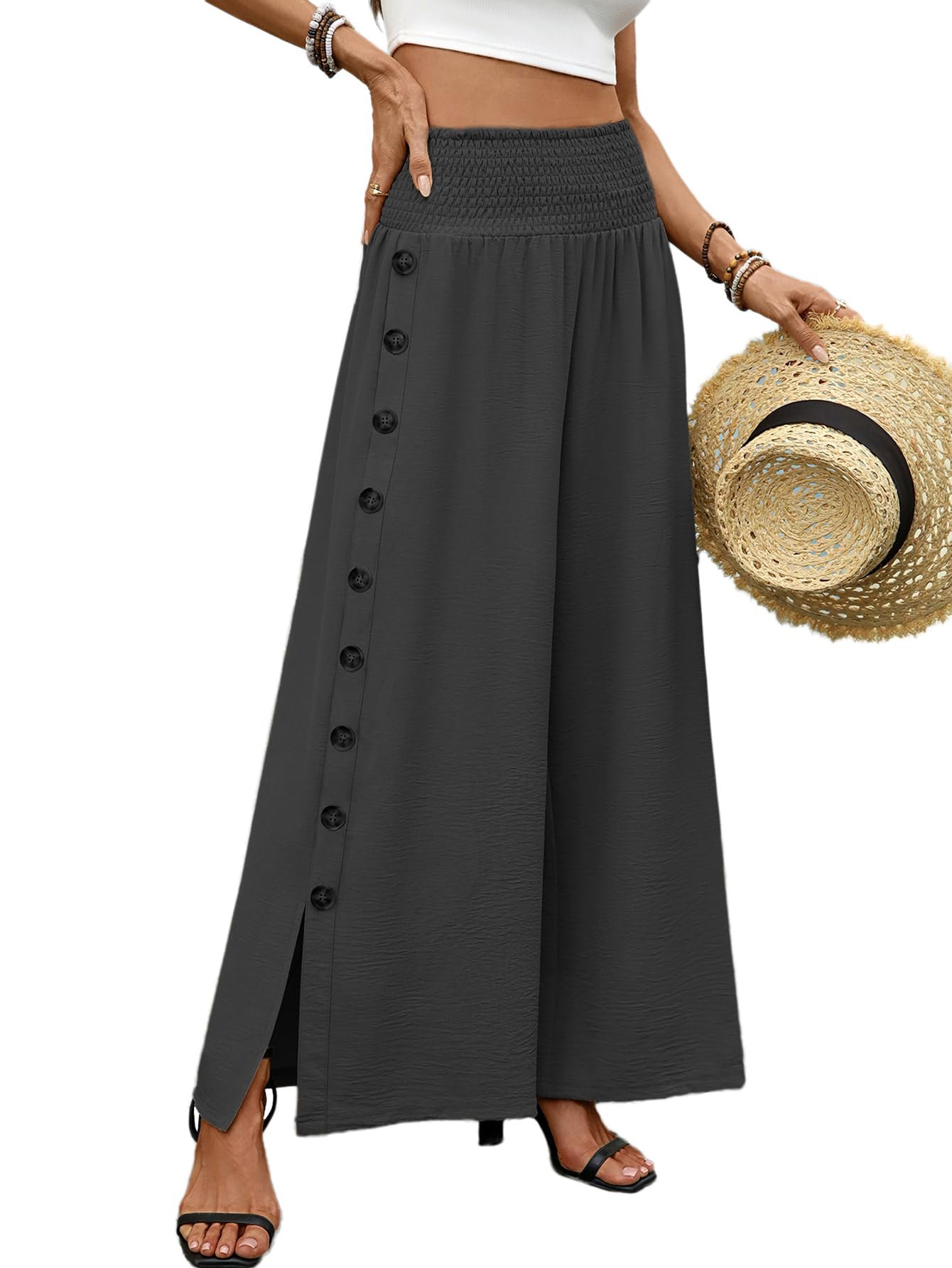Green quarter zip with raglan ribs at the shoulder — Corski Women's High Waist Wide Leg Palazzo Pants Side Slit Loose Trousers with Button Pockets Boho Beach Casual Pants