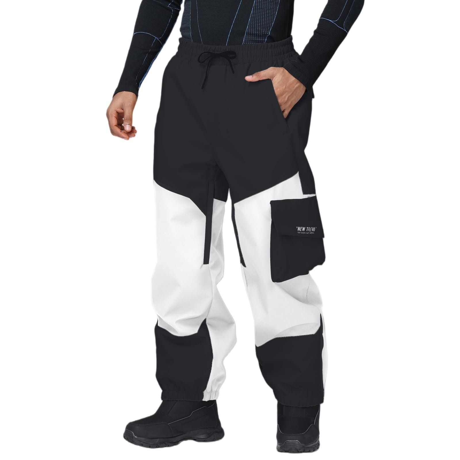 Two-tone cargo legs in black with white thigh panels — SnowElve Womens Ski Pants Mens Waterproof Insulated Baggy Snow Pants Loose Cargo Pants Snowboard Pants Winter Outdoor