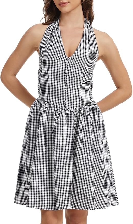 Small gingham halter and its button front placket — Keomud Women Summer Gingham Dress Casual Breathable Halter Plaid Mini Dress Beach Sundress with Ruffled Skirt