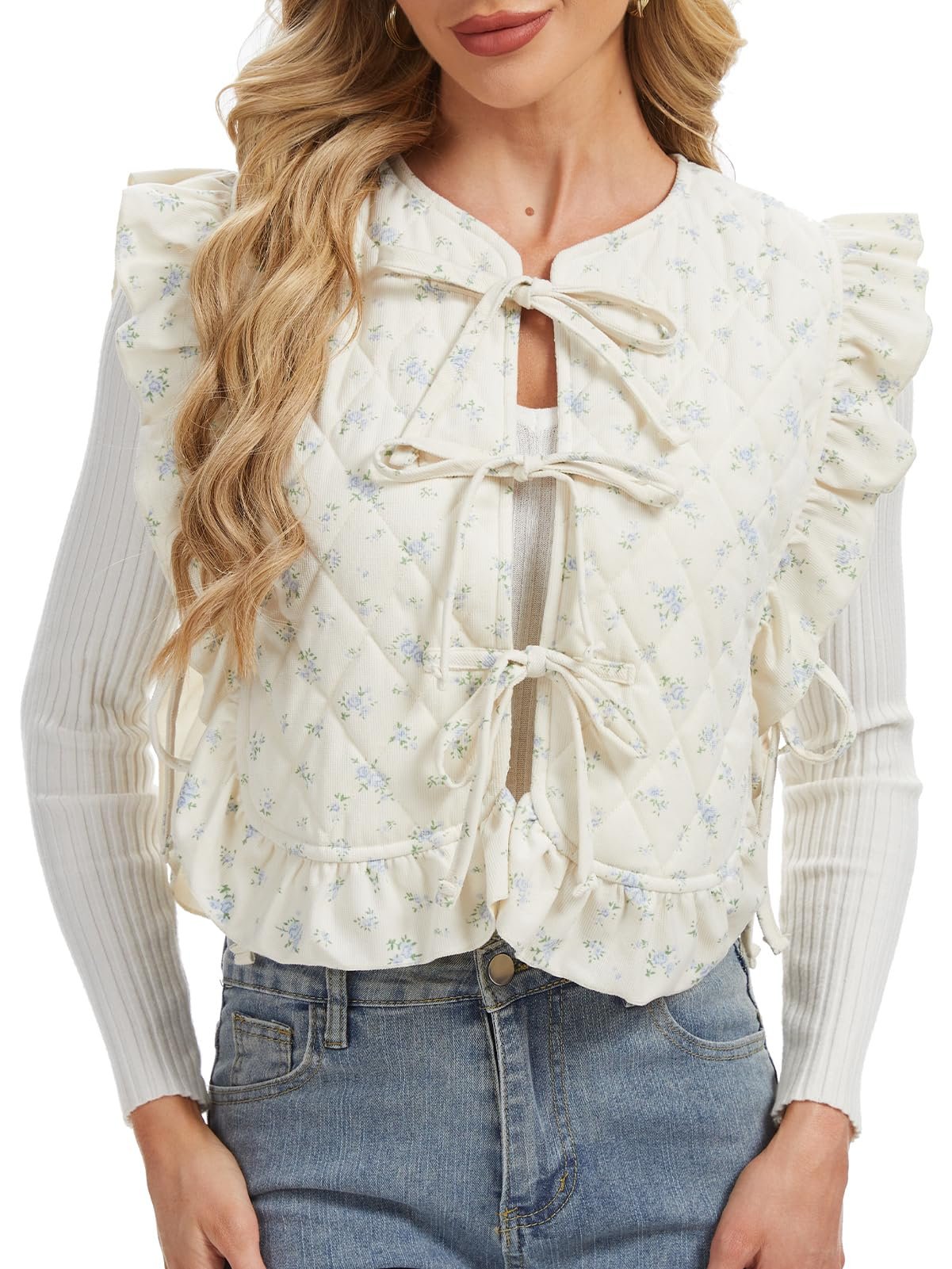 Lace scallop finishing the lime cropped hem — Keomud Coquette Cute Puffer Vest for Women Floral Aesthetic Padded Gilet